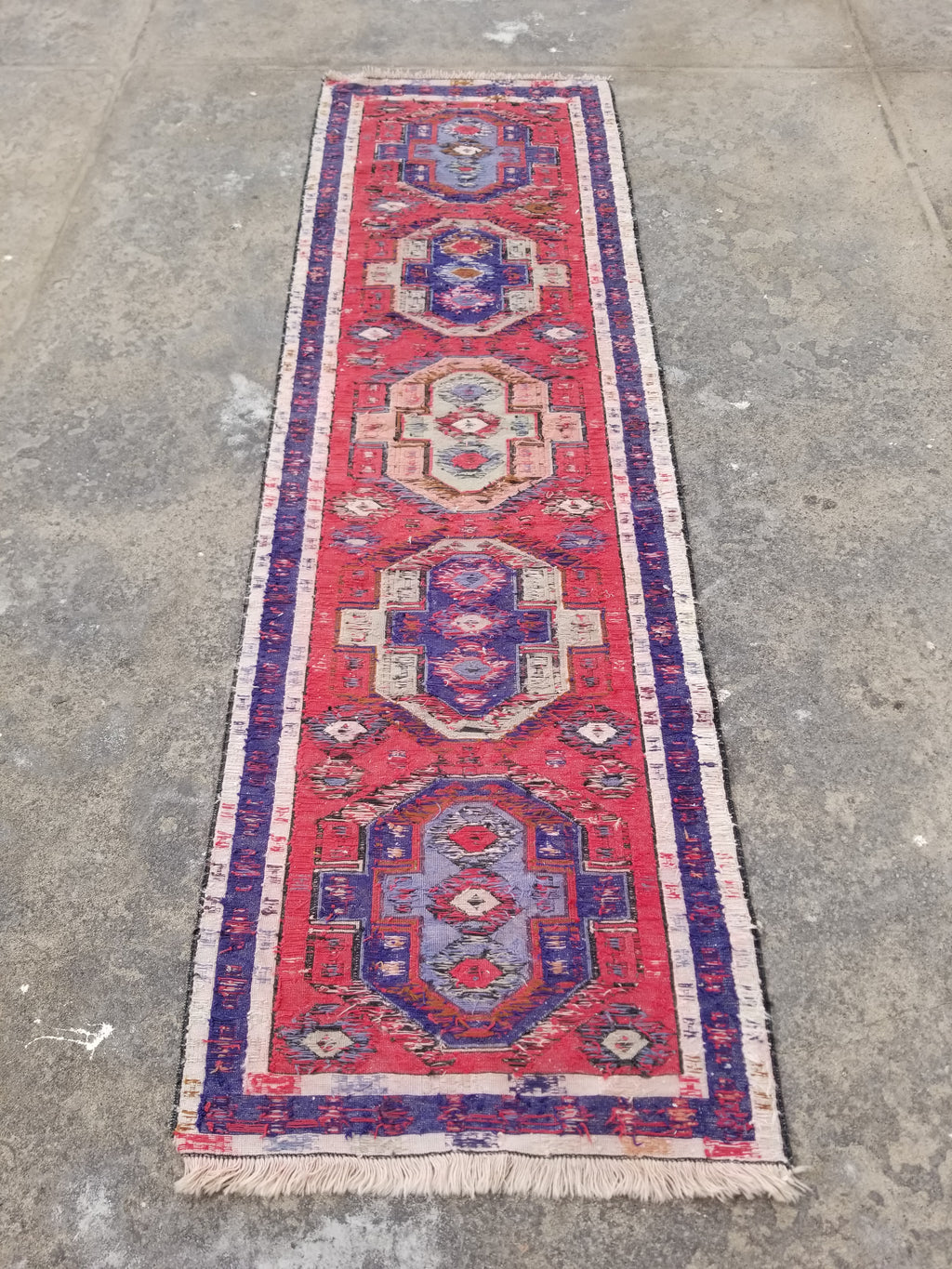Antique Traditional Handmade Caucasian Kazak Wool Multicolor Runner 271x83cm