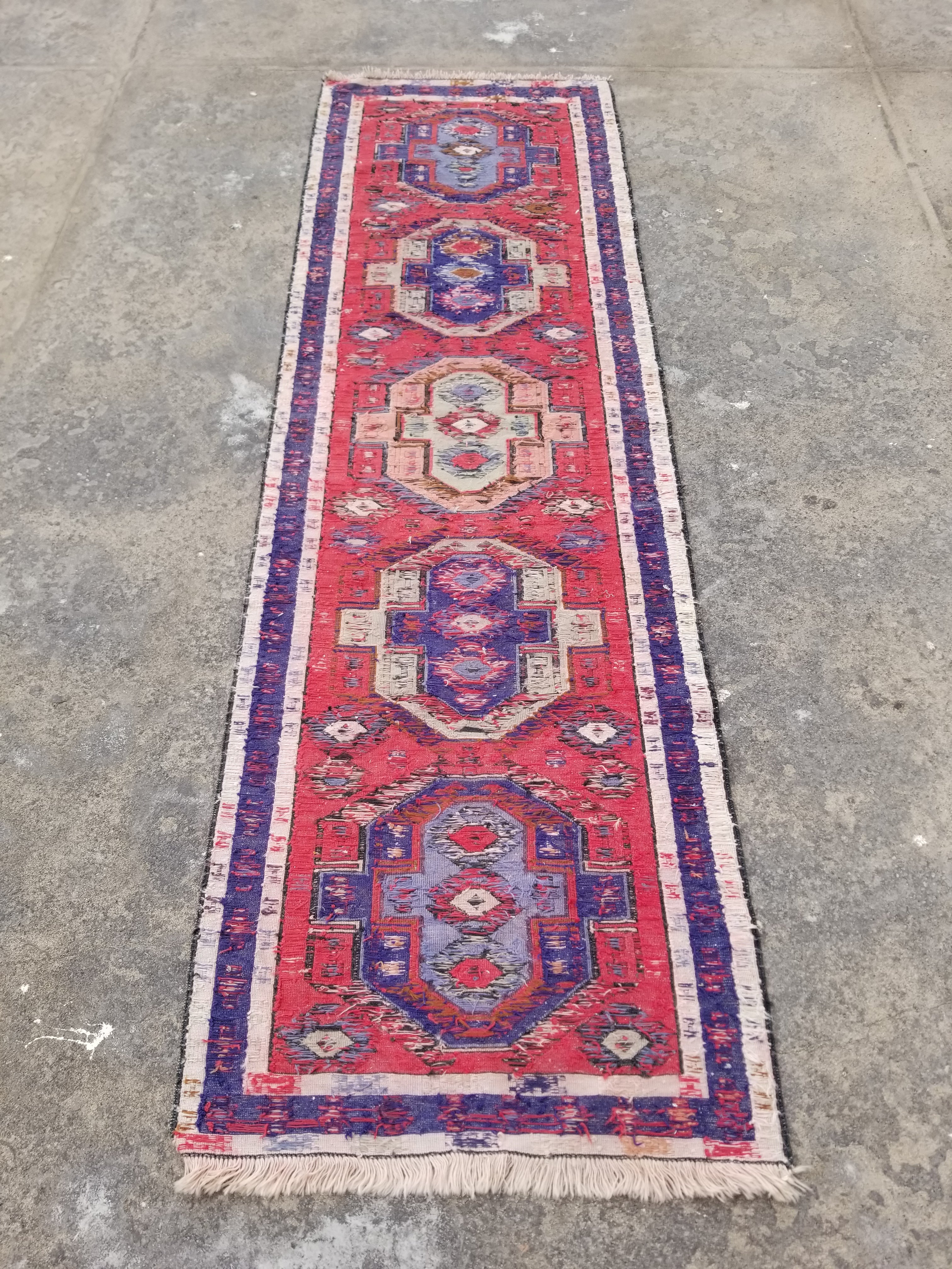 Antique Traditional Handmade Caucasian Kazak Wool Multicolor Runner 271x83cm