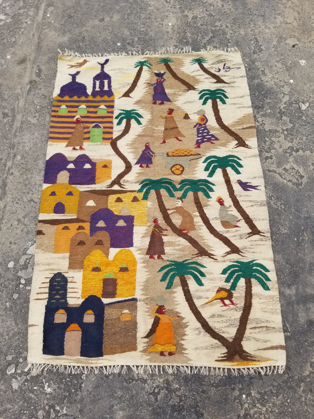Vintage Egyptian Handmade Desert Oasis or Village Scene Wool Kilim 149x99cm