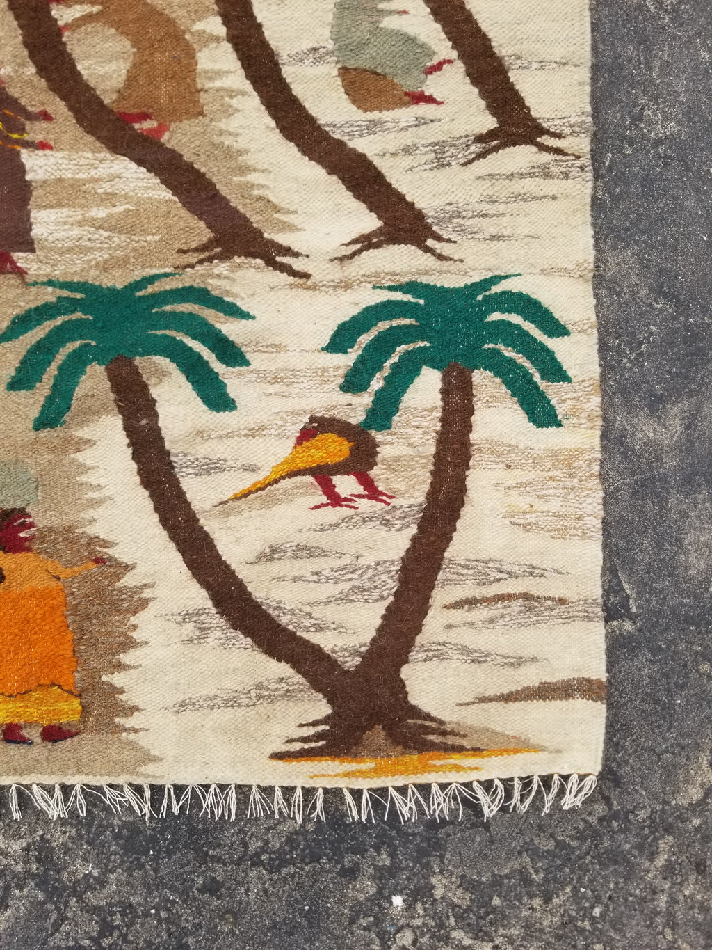 Vintage Egyptian Handmade Desert Oasis or Village Scene Wool Kilim 149x99cm