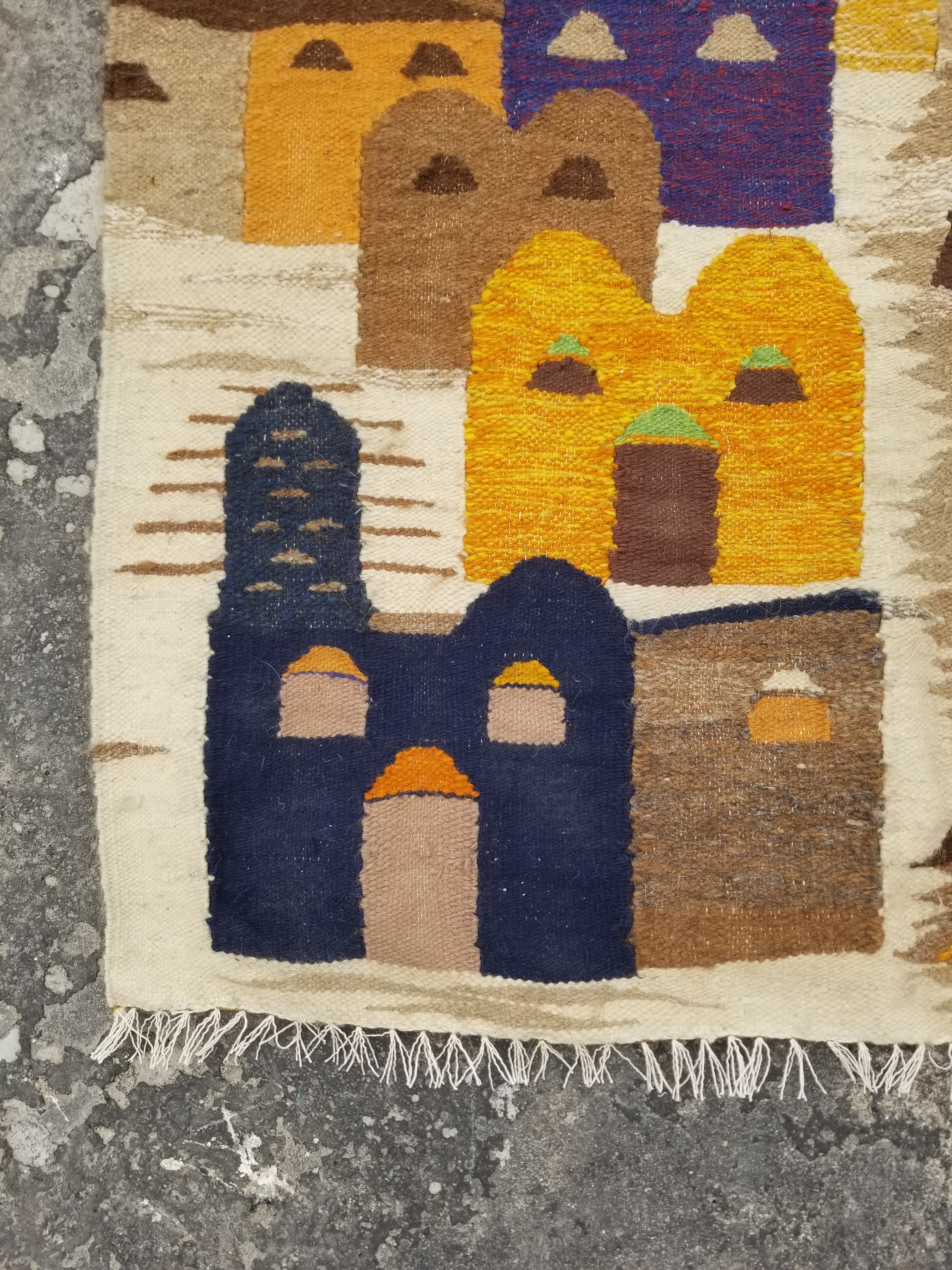 Vintage Egyptian Handmade Desert Oasis or Village Scene Wool Kilim 149x99cm