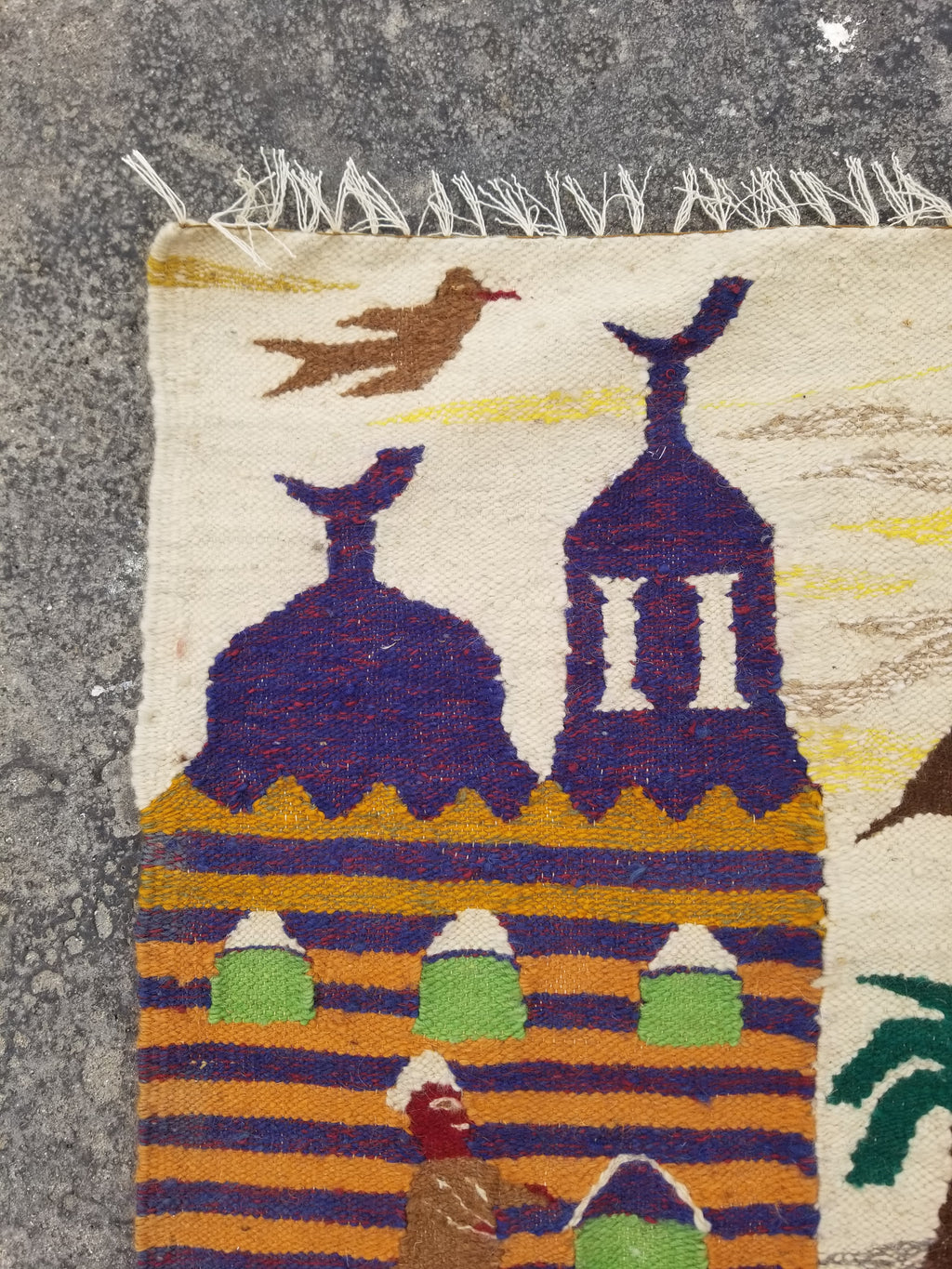 Vintage Egyptian Handmade Desert Oasis or Village Scene Wool Kilim 149x99cm