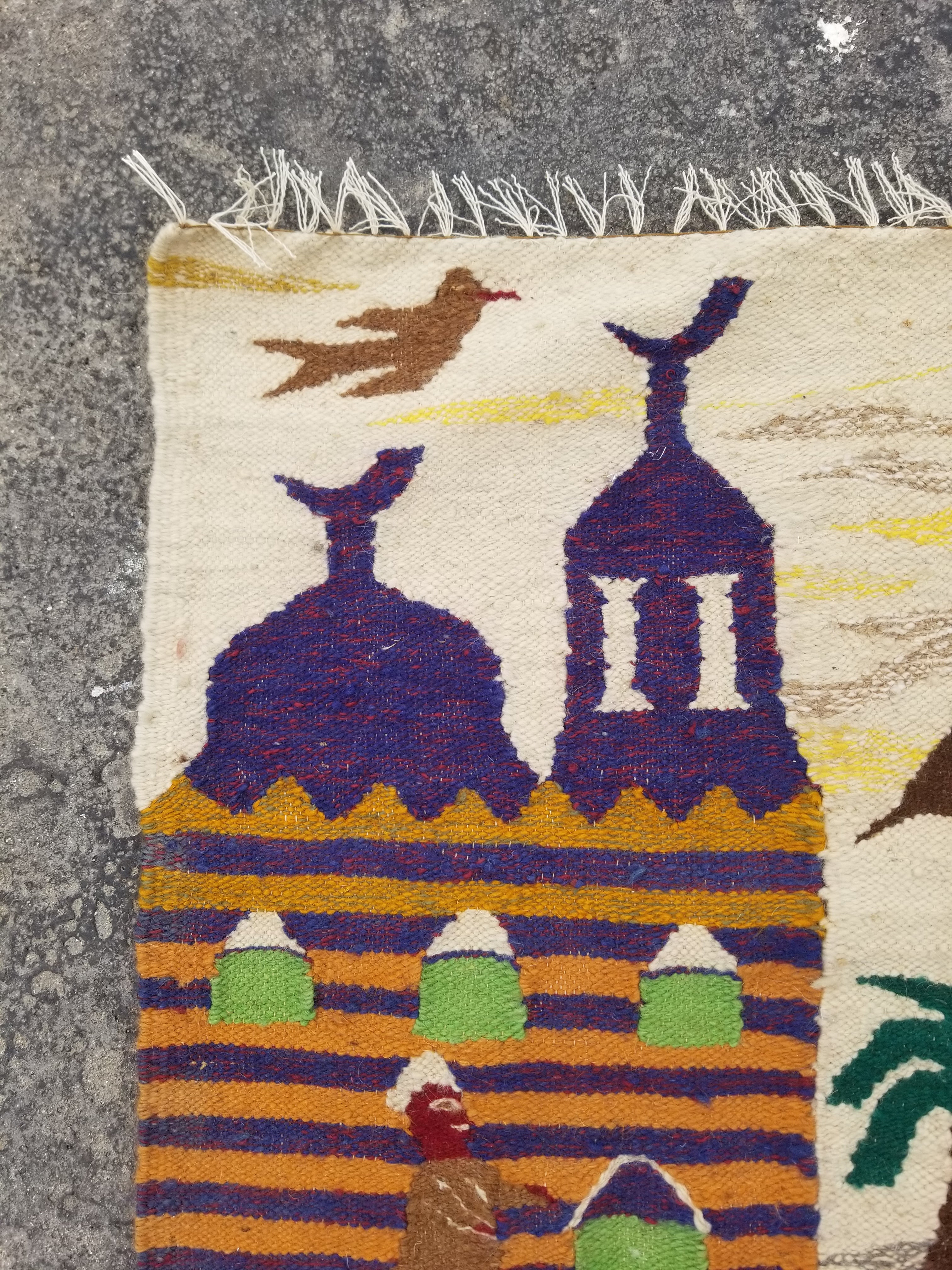 Vintage Egyptian Handmade Desert Oasis or Village Scene Wool Kilim 149x99cm