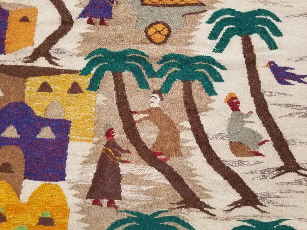 Vintage Egyptian Handmade Desert Oasis or Village Scene Wool Kilim 149x99cm