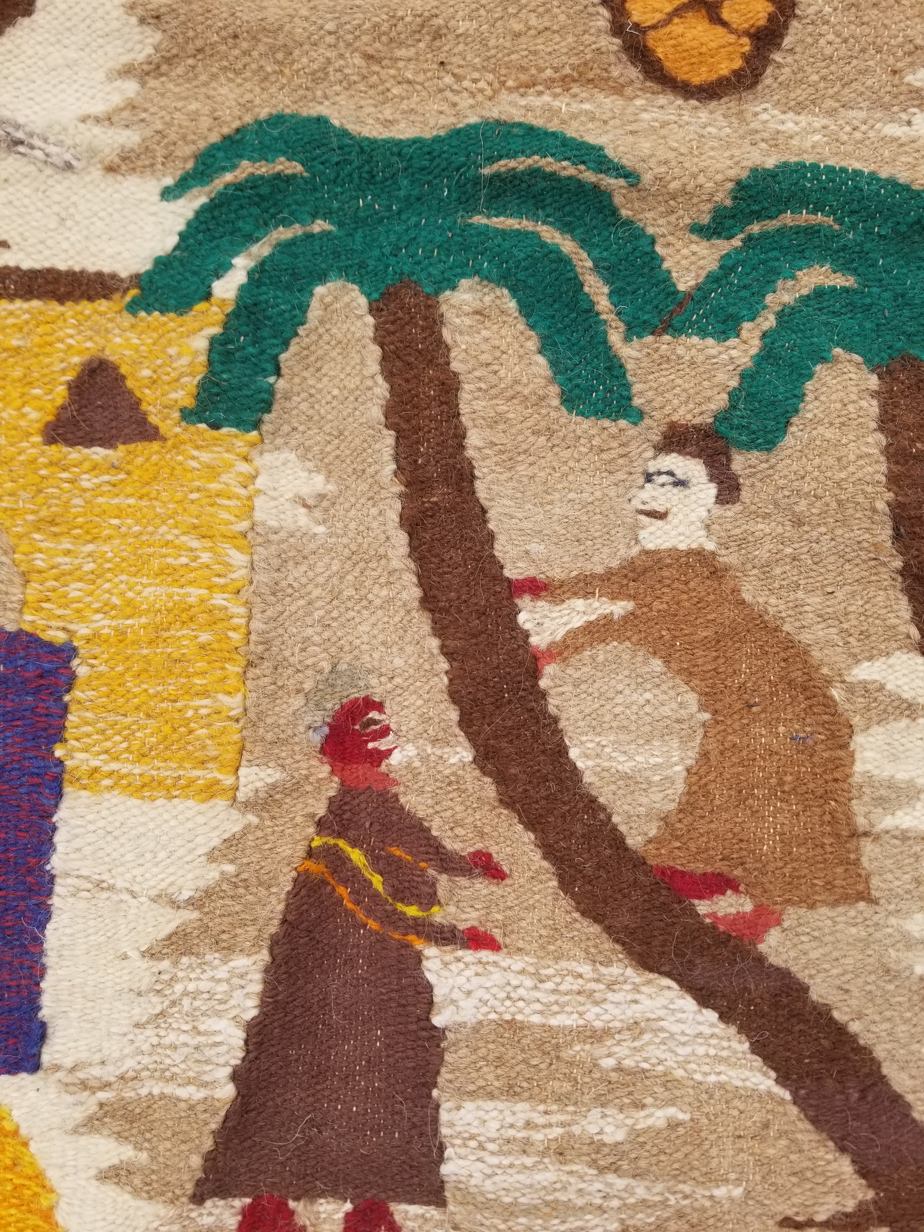 Vintage Egyptian Handmade Desert Oasis or Village Scene Wool Kilim 149x99cm