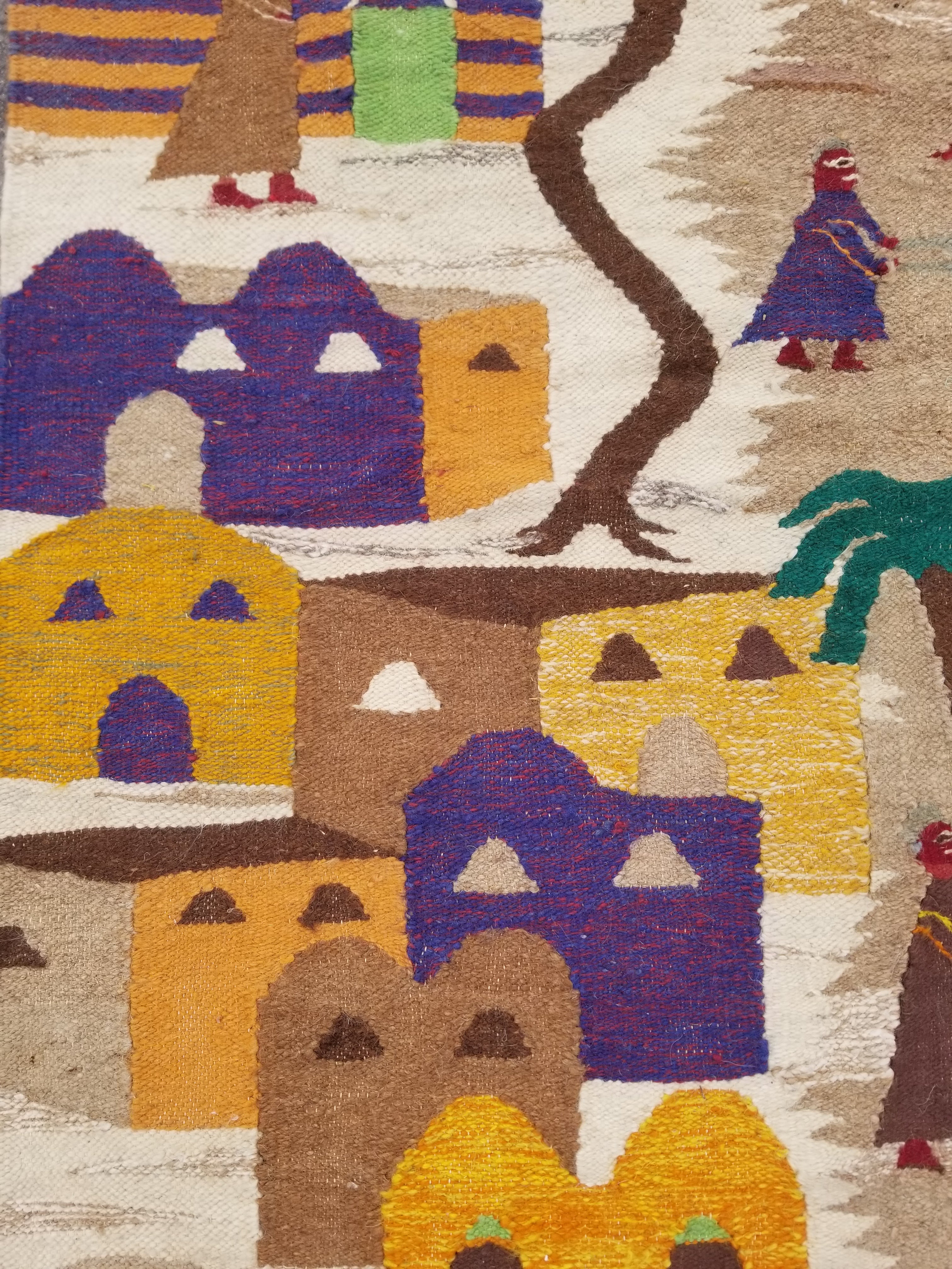 Vintage Egyptian Handmade Desert Oasis or Village Scene Wool Kilim 149x99cm