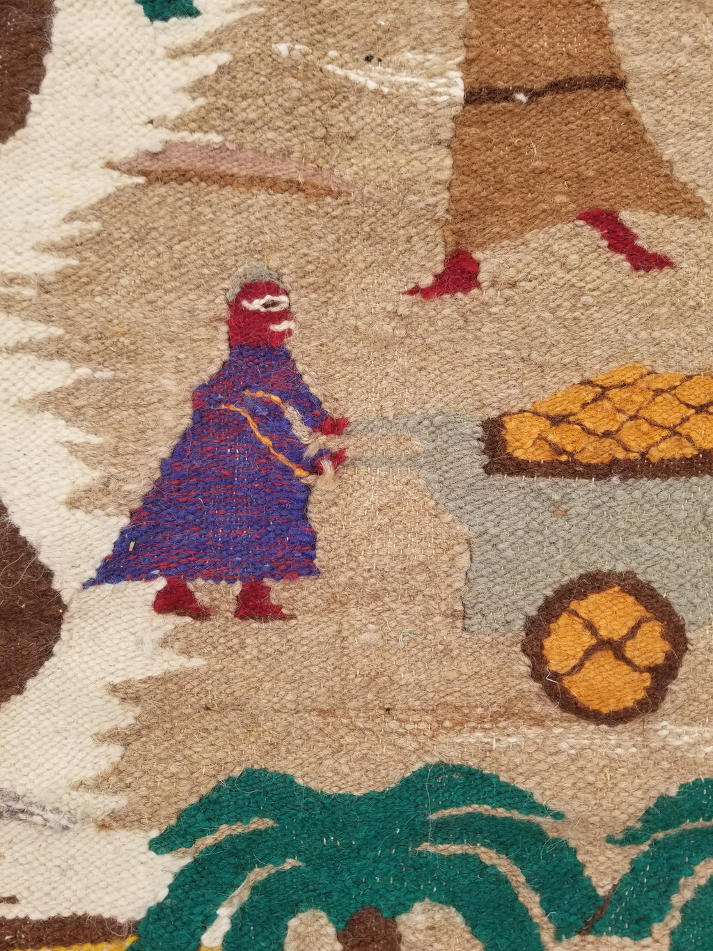 Vintage Egyptian Handmade Desert Oasis or Village Scene Wool Kilim 149x99cm