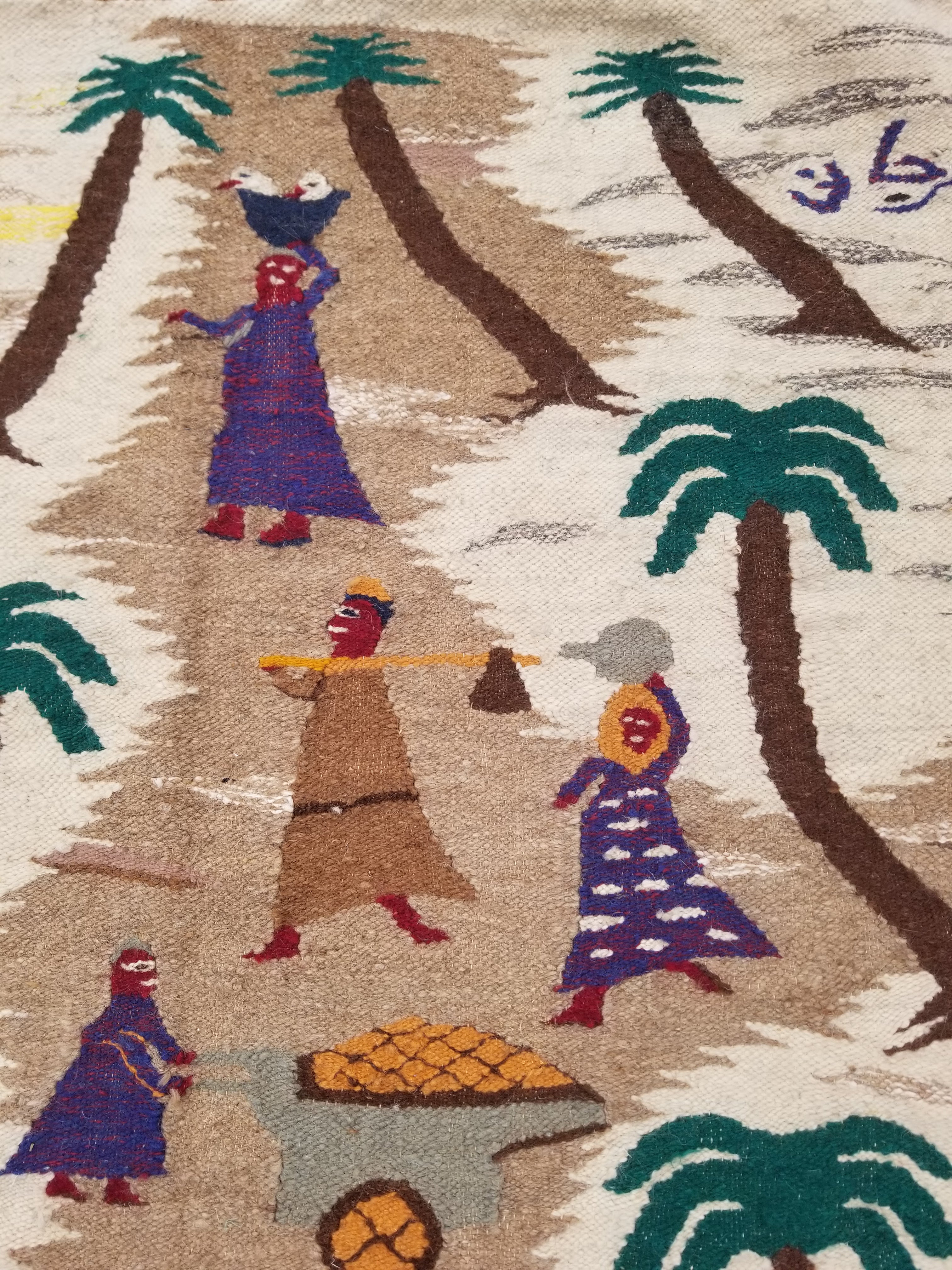 Vintage Egyptian Handmade Desert Oasis or Village Scene Wool Kilim 149x99cm