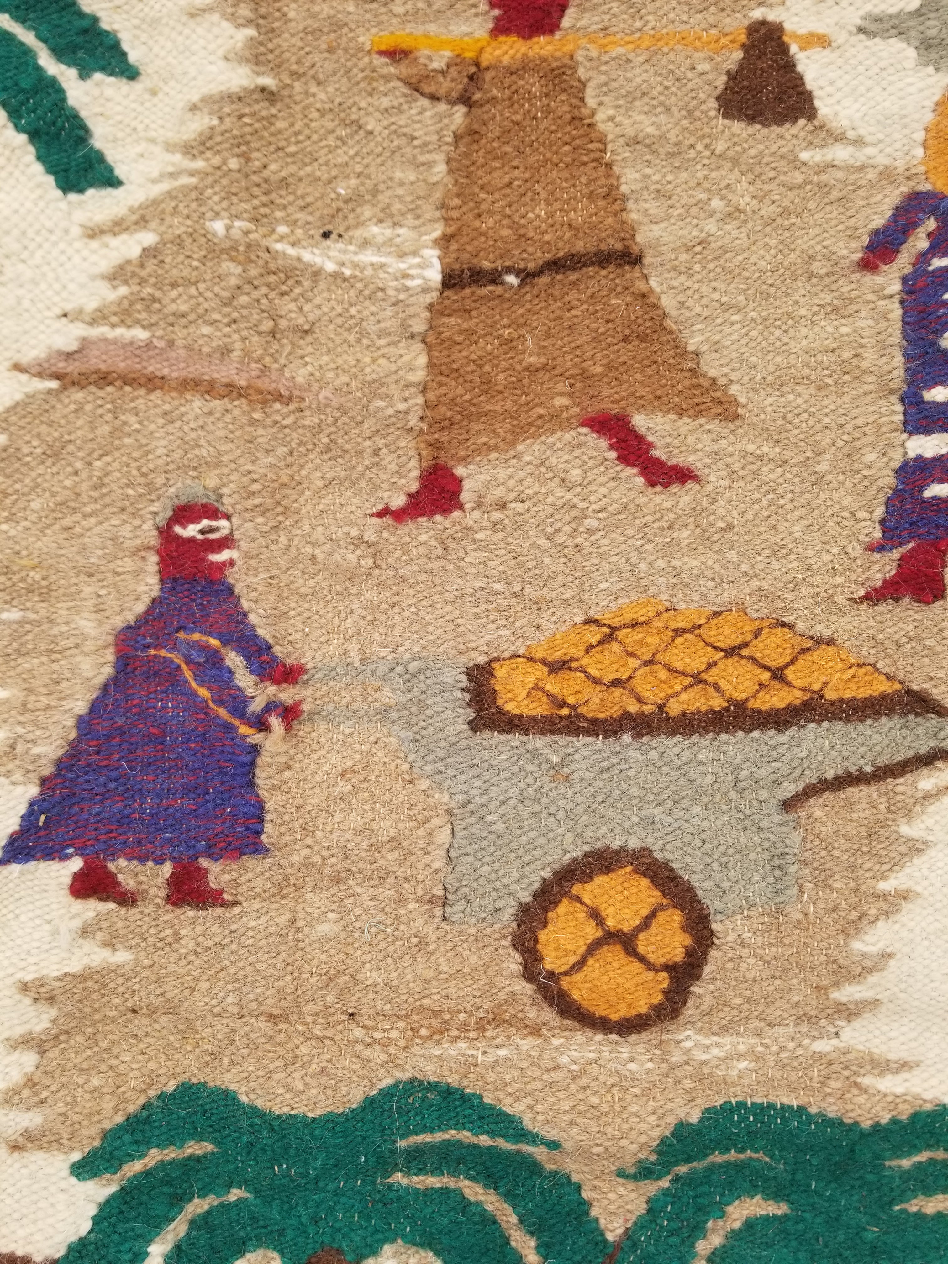 Vintage Egyptian Handmade Desert Oasis or Village Scene Wool Kilim 149x99cm