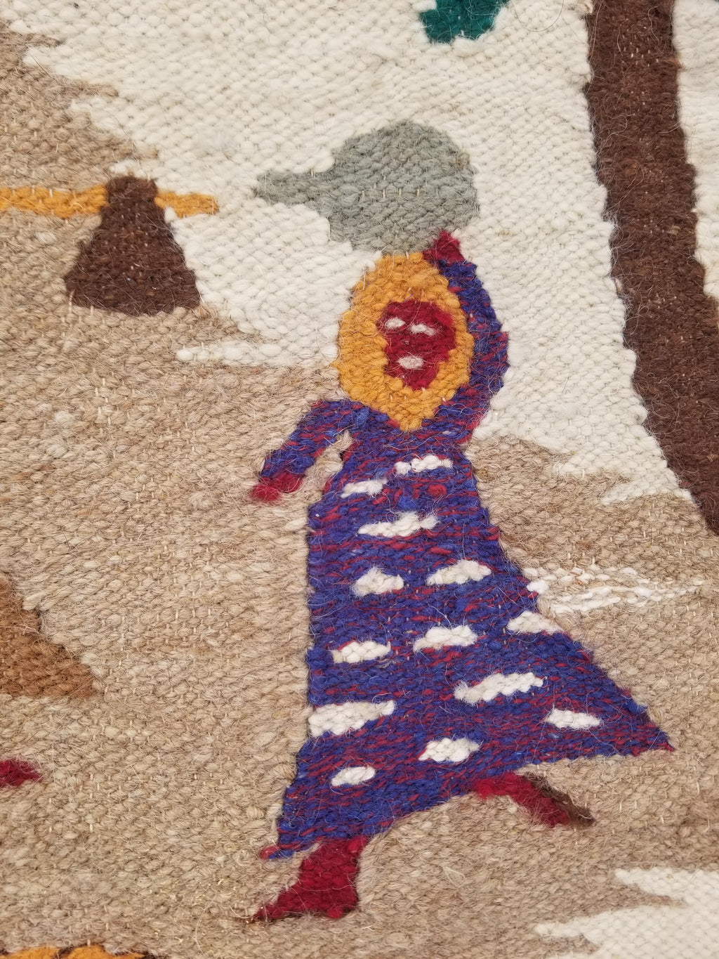 Vintage Egyptian Handmade Desert Oasis or Village Scene Wool Kilim 149x99cm