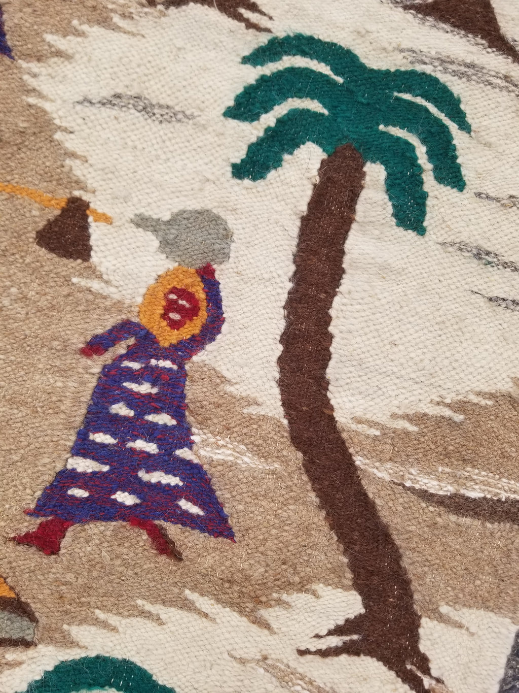 Vintage Egyptian Handmade Desert Oasis or Village Scene Wool Kilim 149x99cm