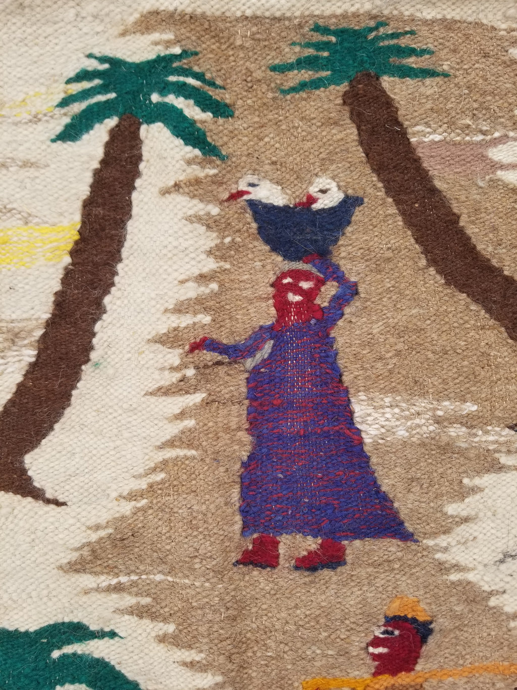 Vintage Egyptian Handmade Desert Oasis or Village Scene Wool Kilim 149x99cm