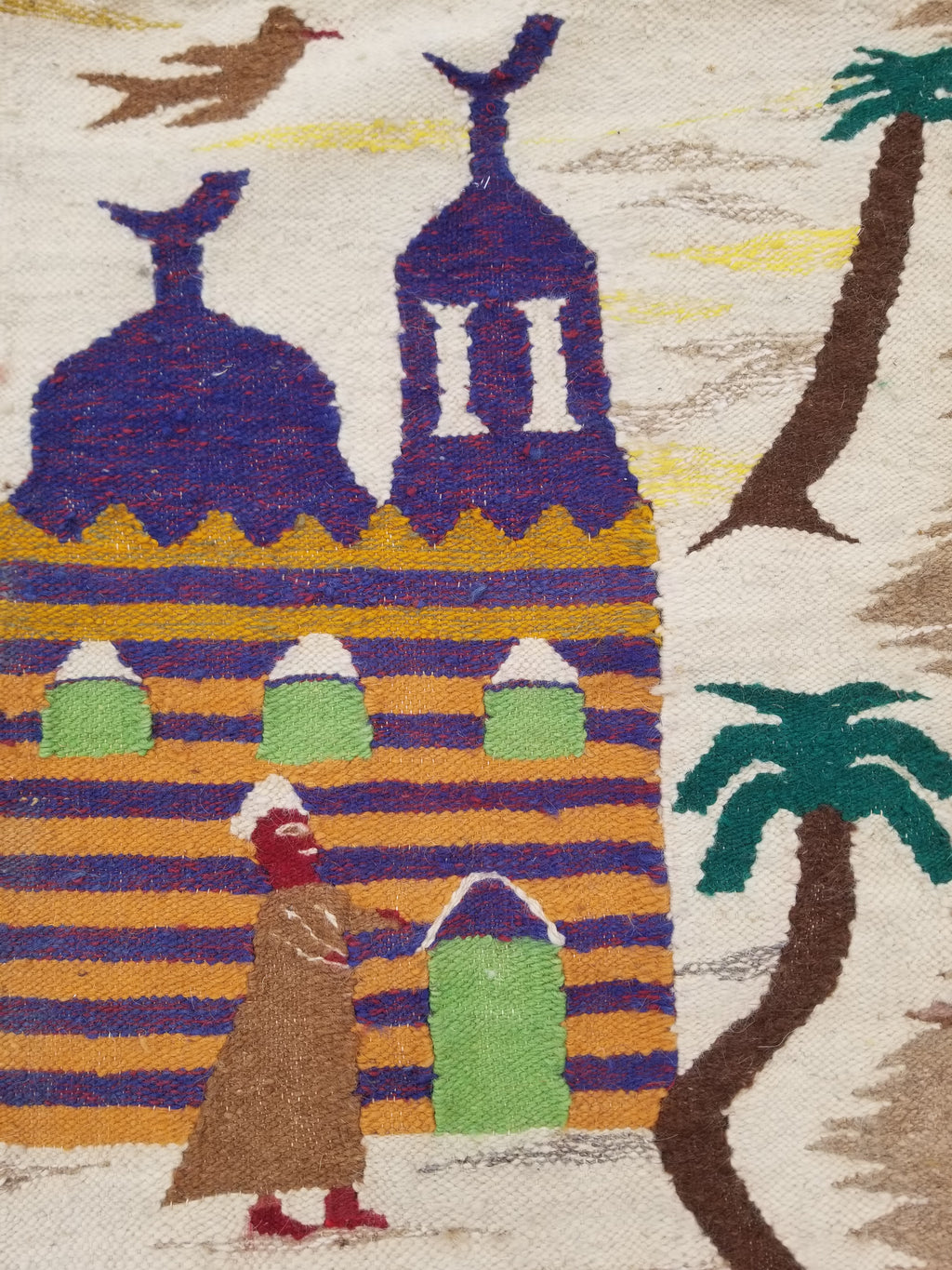 Vintage Egyptian Handmade Desert Oasis or Village Scene Wool Kilim 149x99cm