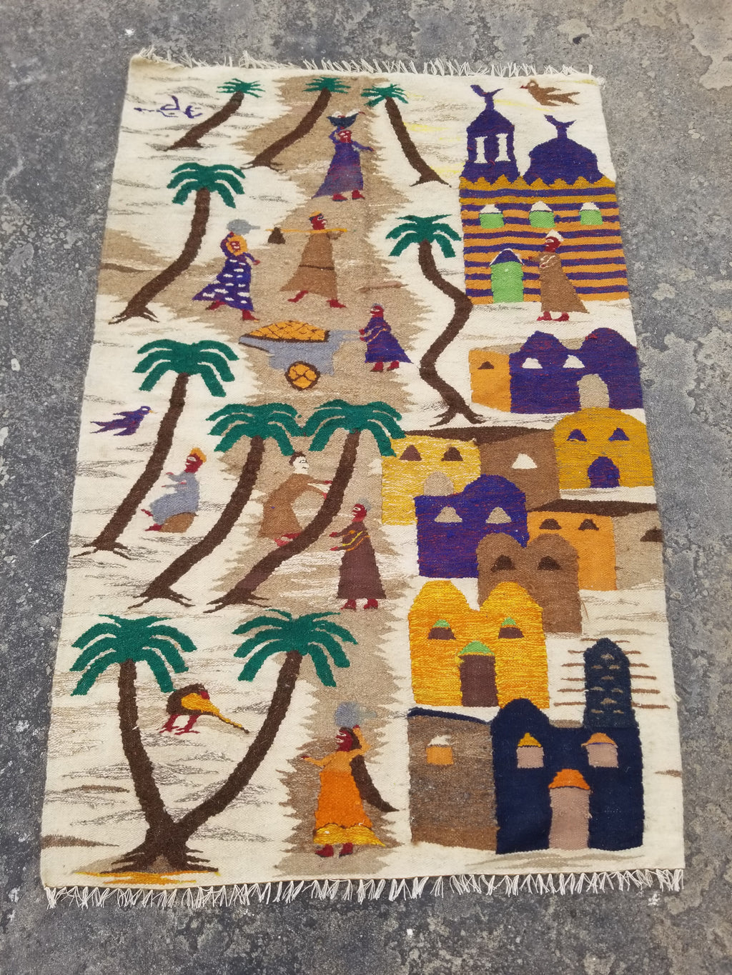 Vintage Egyptian Handmade Desert Oasis or Village Scene Wool Kilim 149x99cm