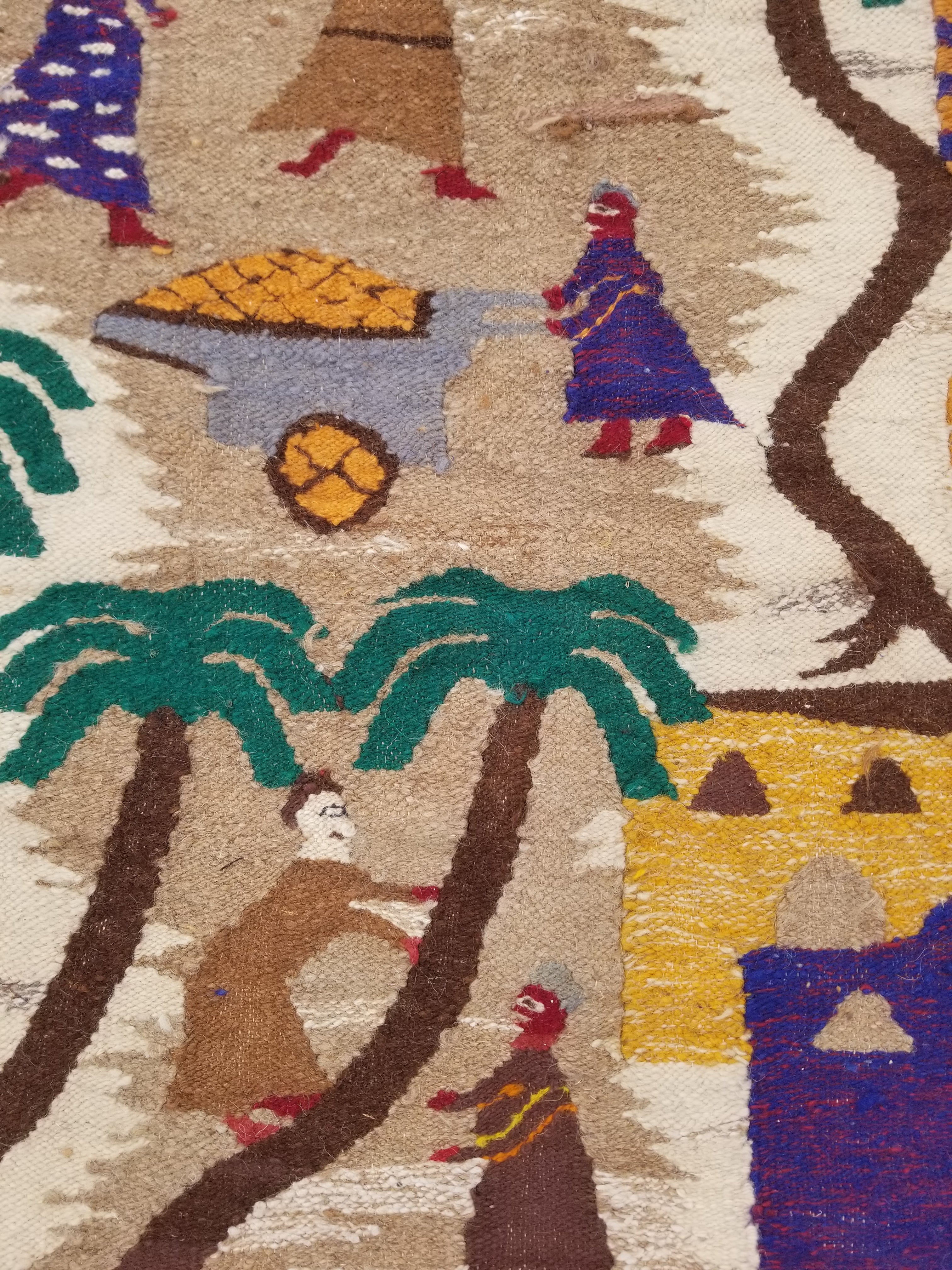 Vintage Egyptian Handmade Desert Oasis or Village Scene Wool Kilim 149x99cm