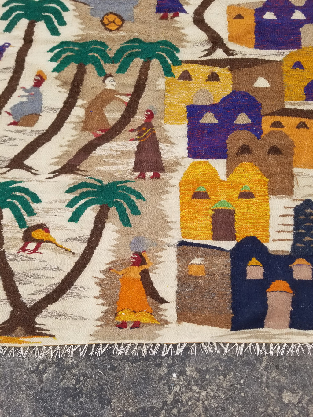 Vintage Egyptian Handmade Desert Oasis or Village Scene Wool Kilim 149x99cm