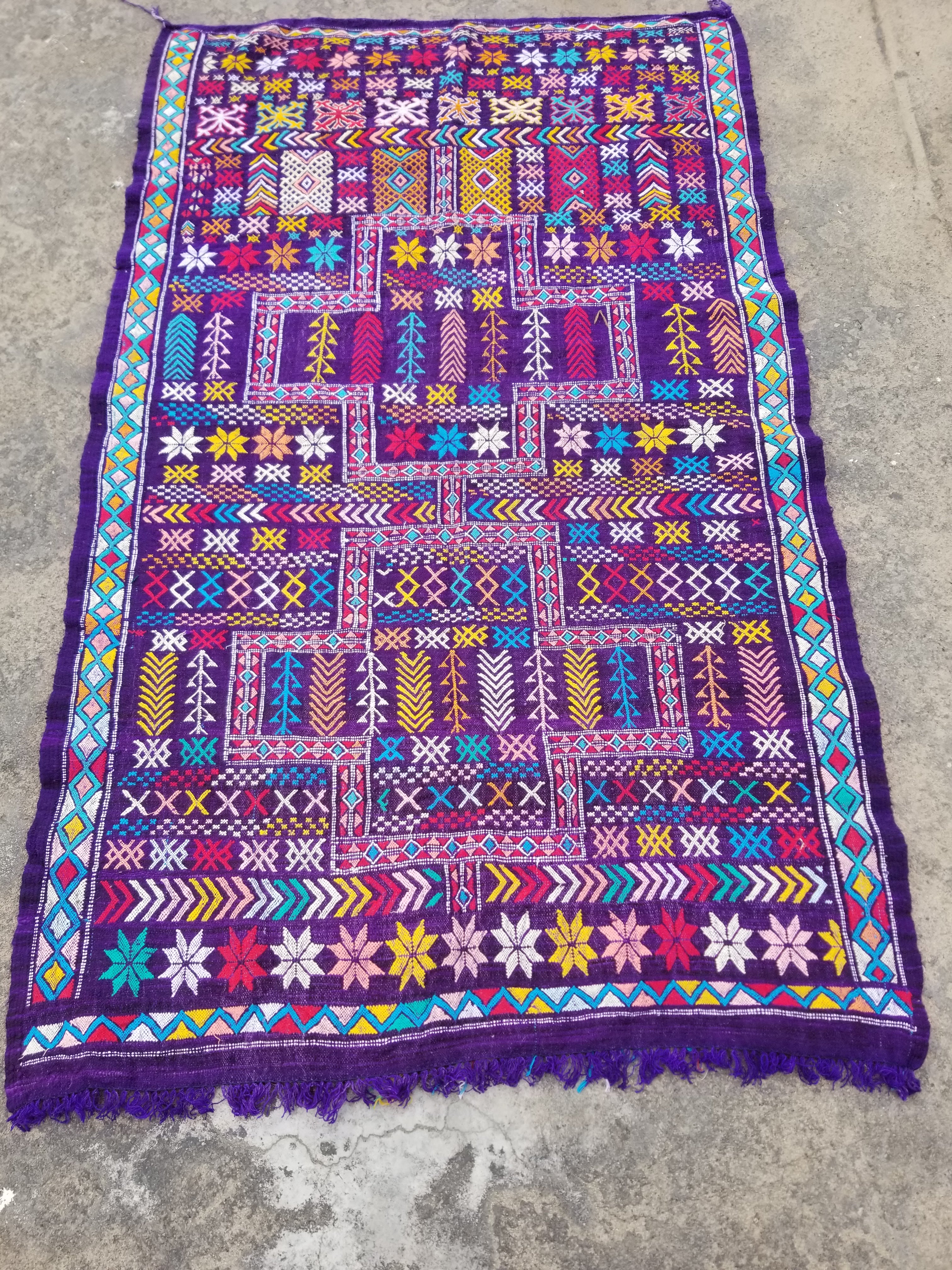 Vintage Traditional Handmade Moroccan Wool Multicolor Kilim 223x132cm