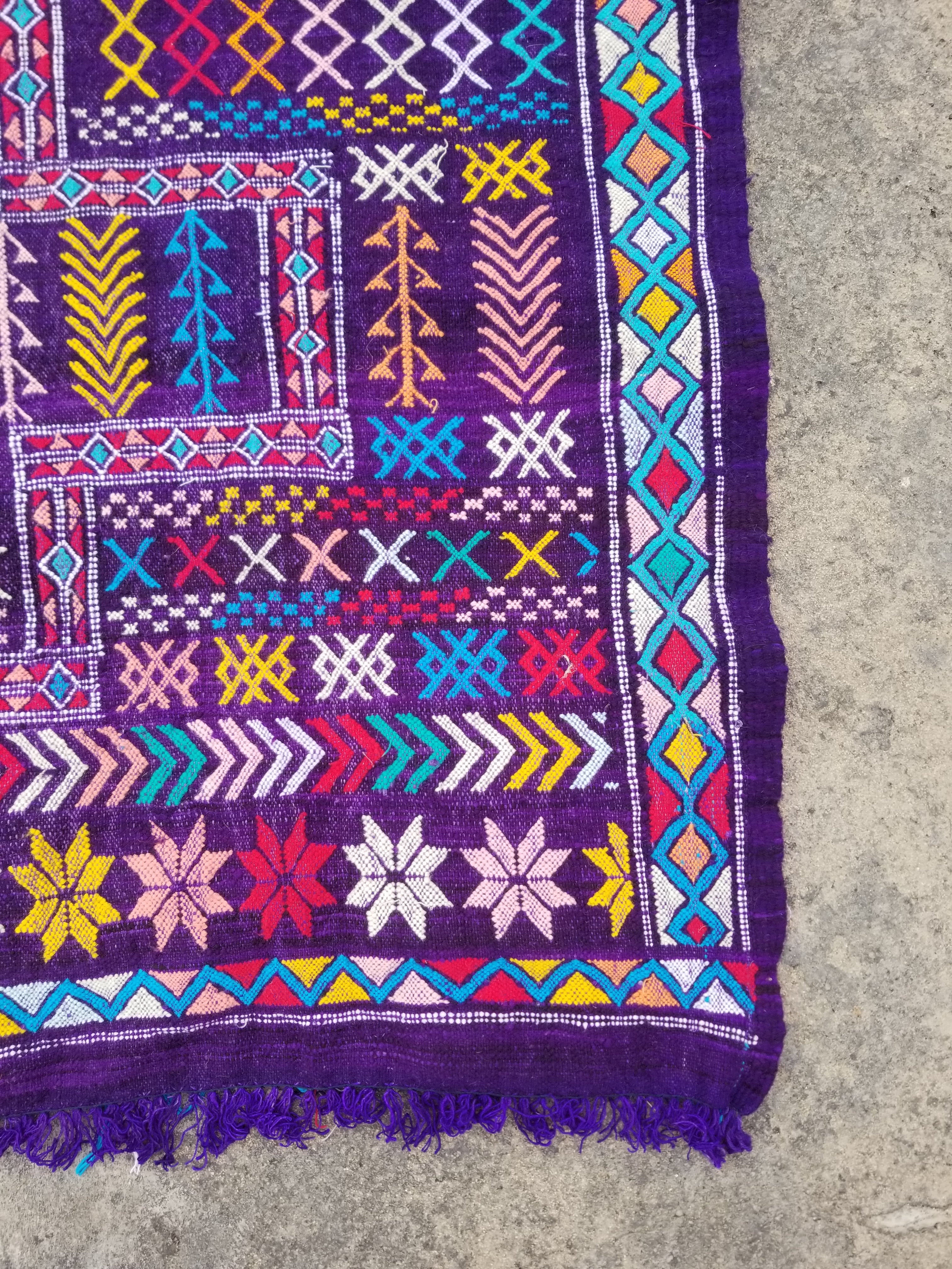 Vintage Traditional Handmade Moroccan Wool Multicolor Kilim 223x132cm