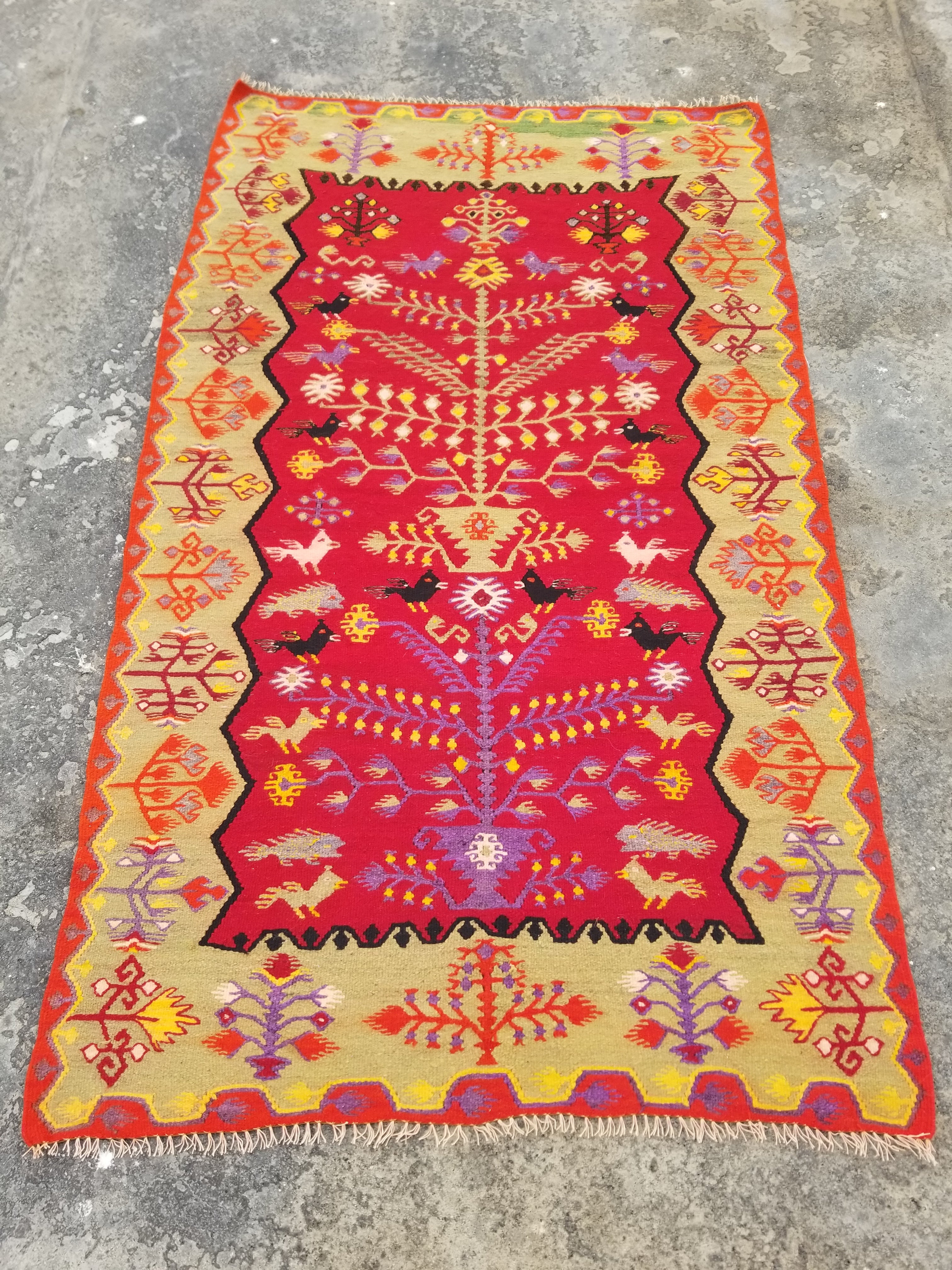 Vintage Traditional Handmade Tree of Life Wool Multicolor Kilim 211x124cm