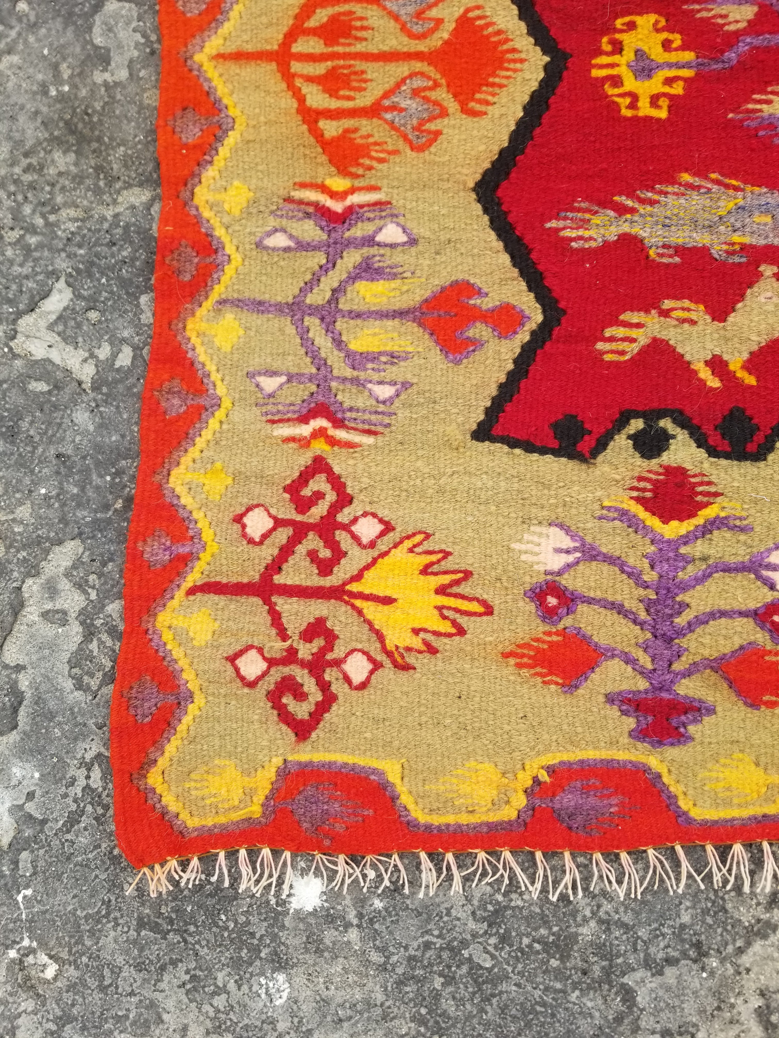 Vintage Traditional Handmade Tree of Life Wool Multicolor Kilim 211x124cm