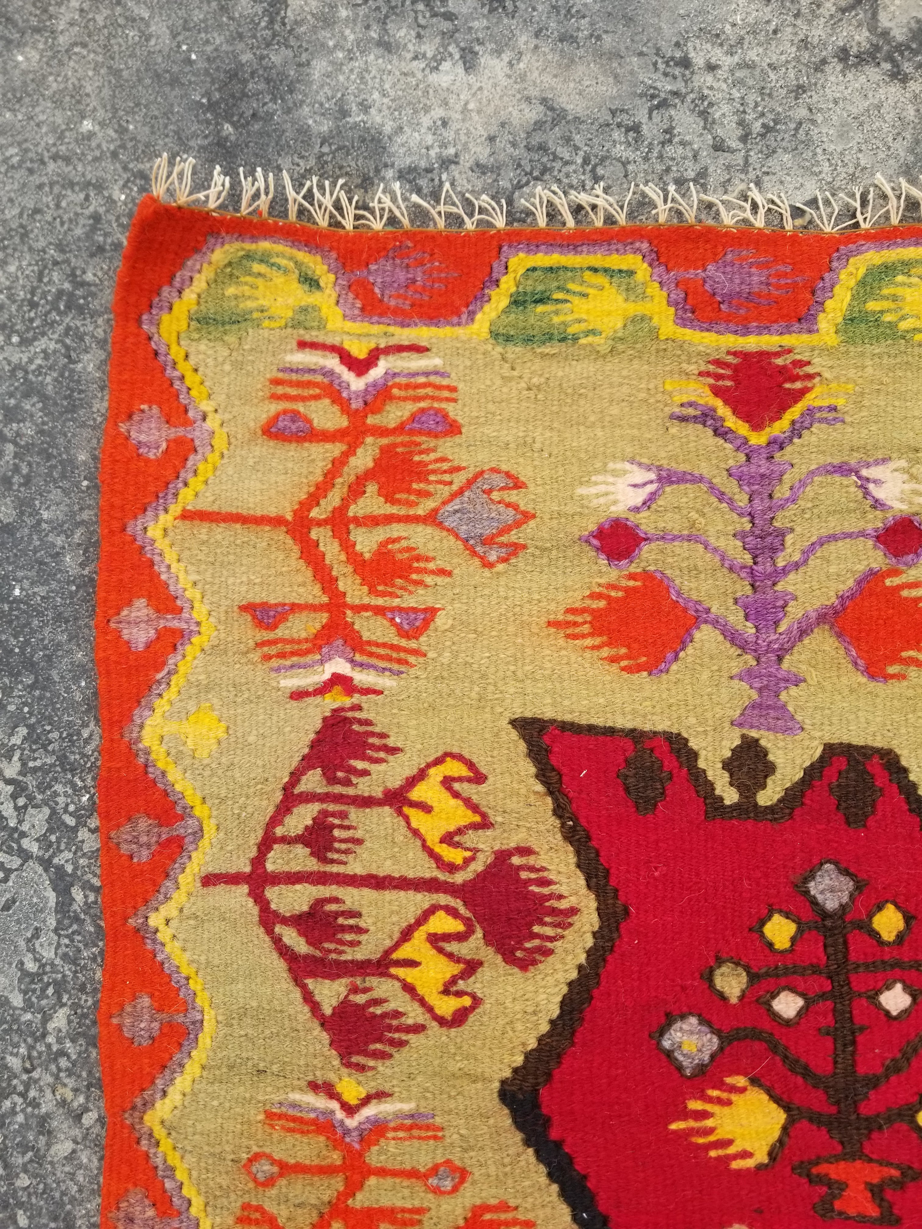 Vintage Traditional Handmade Tree of Life Wool Multicolor Kilim 211x124cm