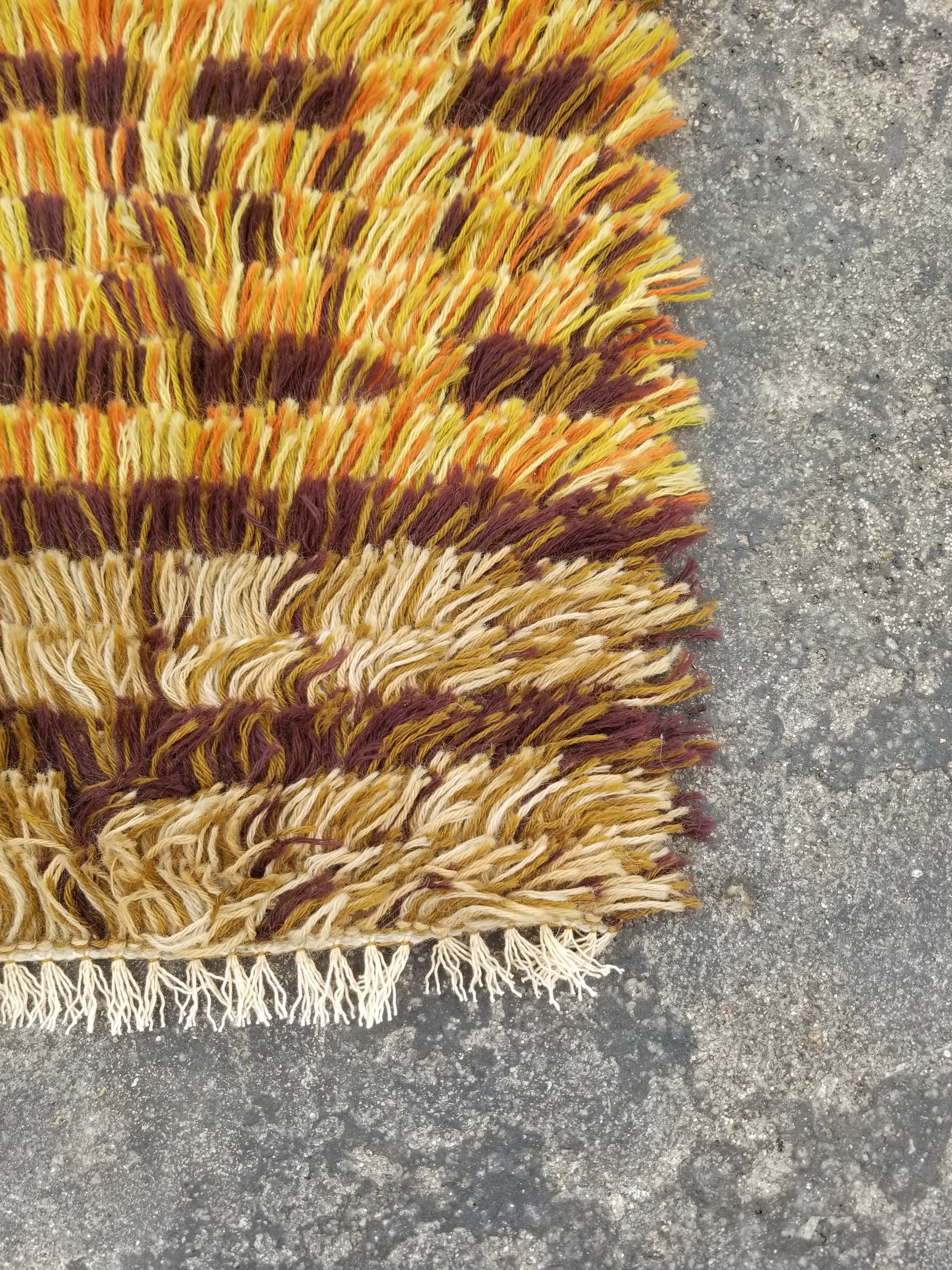 Vintage Traditional Handmade Scandinavian Wool Multicolor Rya Rug 124x38in