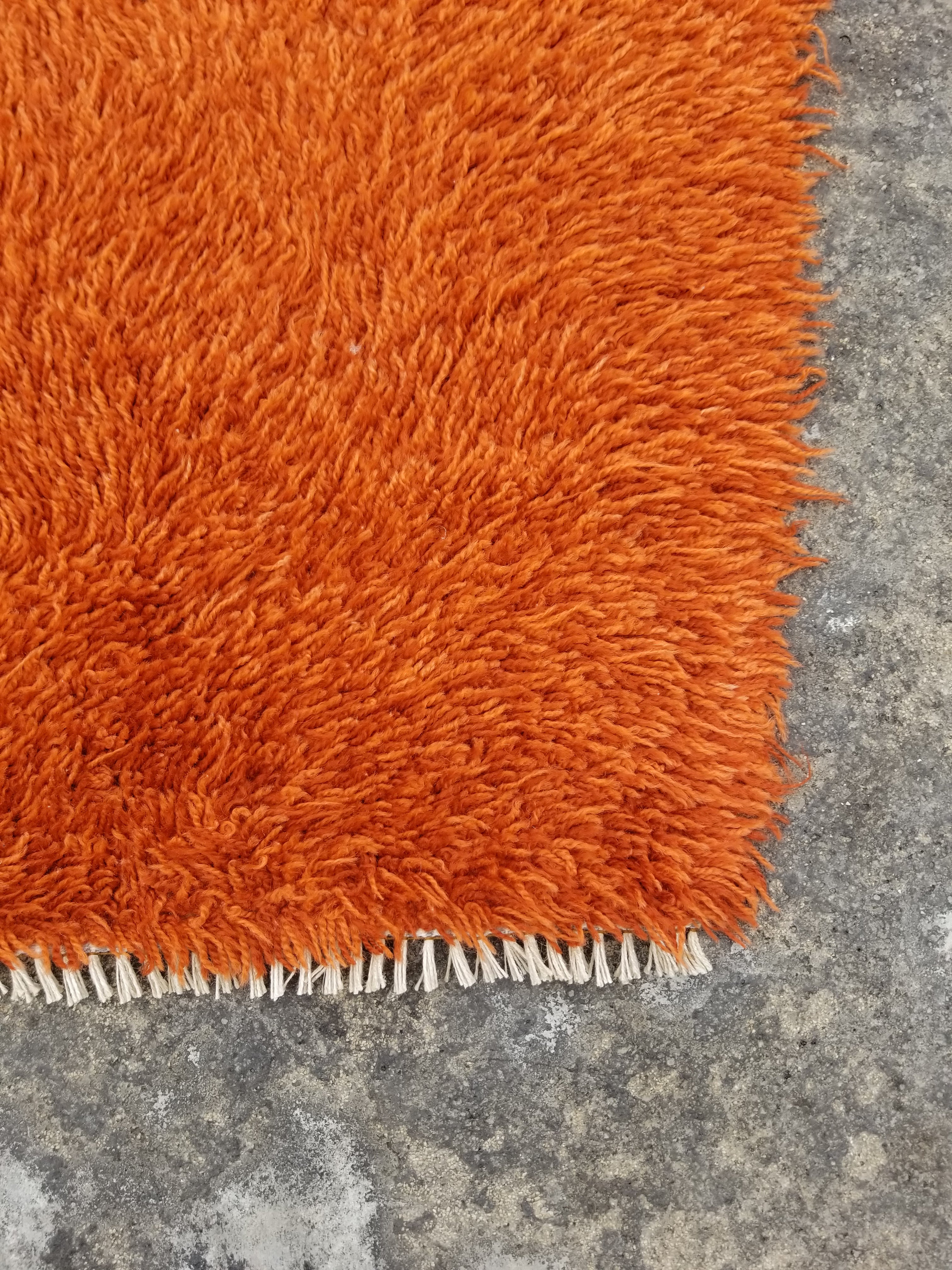 Vintage Traditional Handmade Swedish Wool Orange Rya Rug 112x76cm