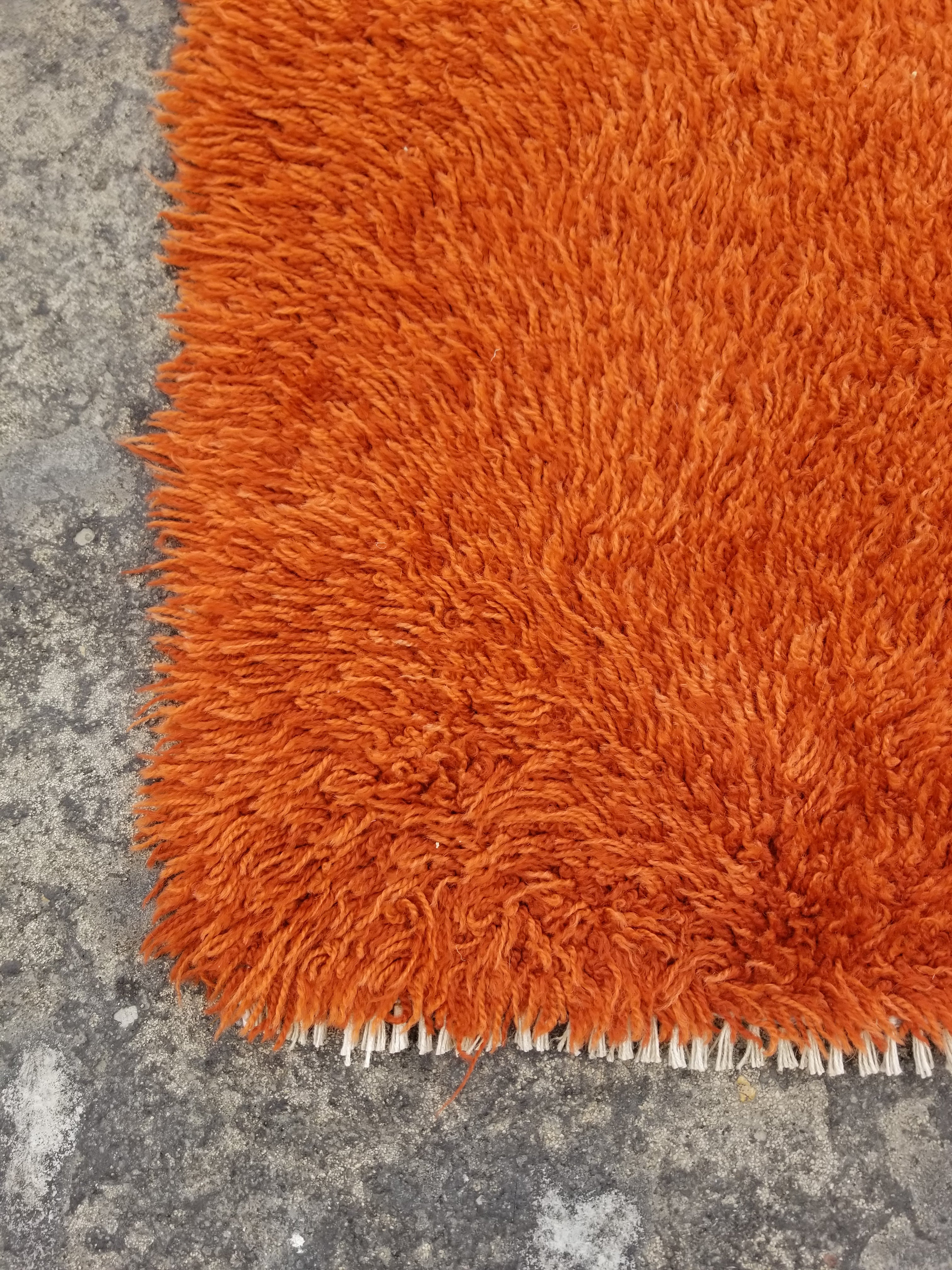 Vintage Traditional Handmade Swedish Wool Orange Rya Rug 112x76cm