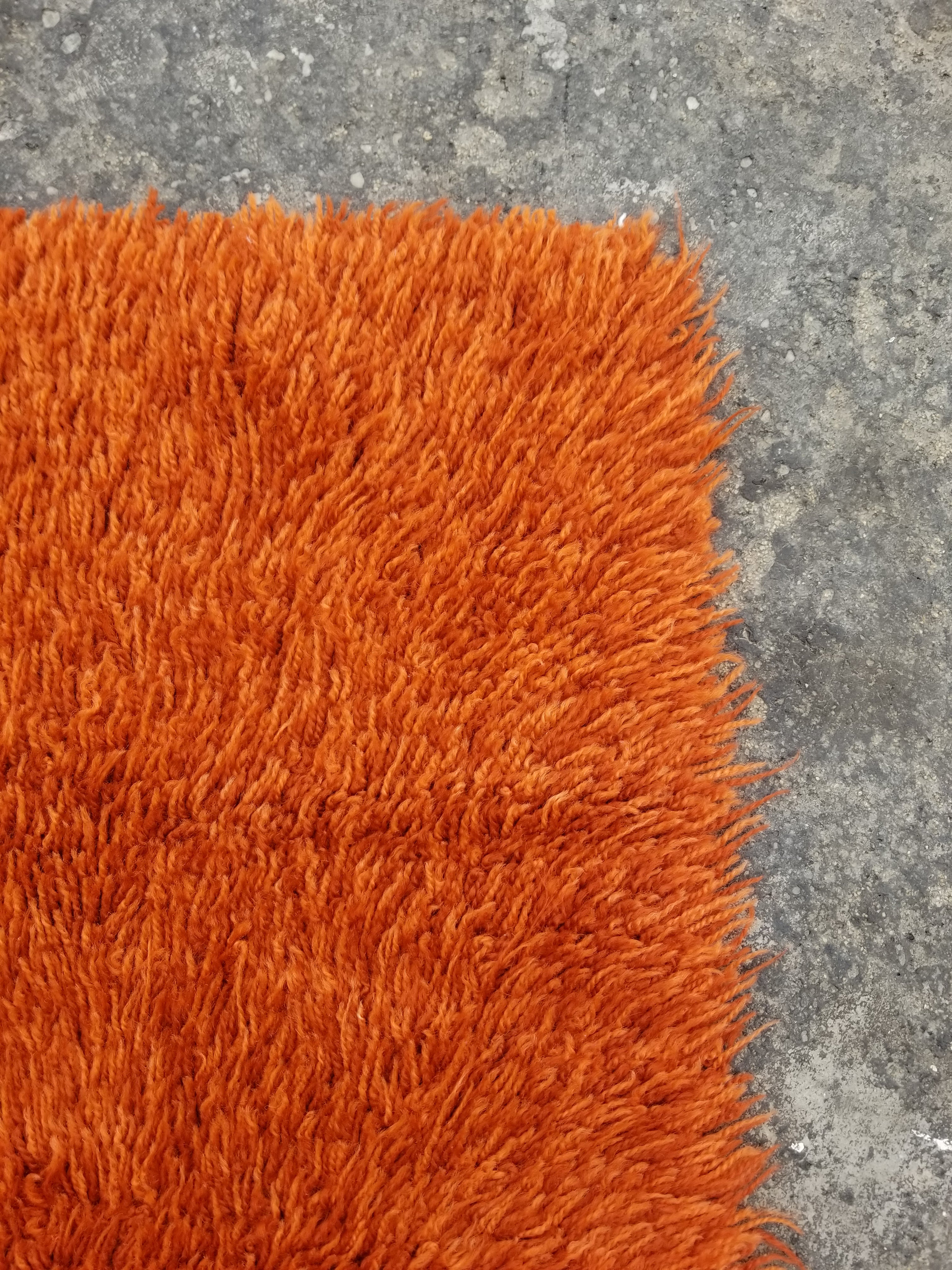 Vintage Traditional Handmade Swedish Wool Orange Rya Rug 112x76cm