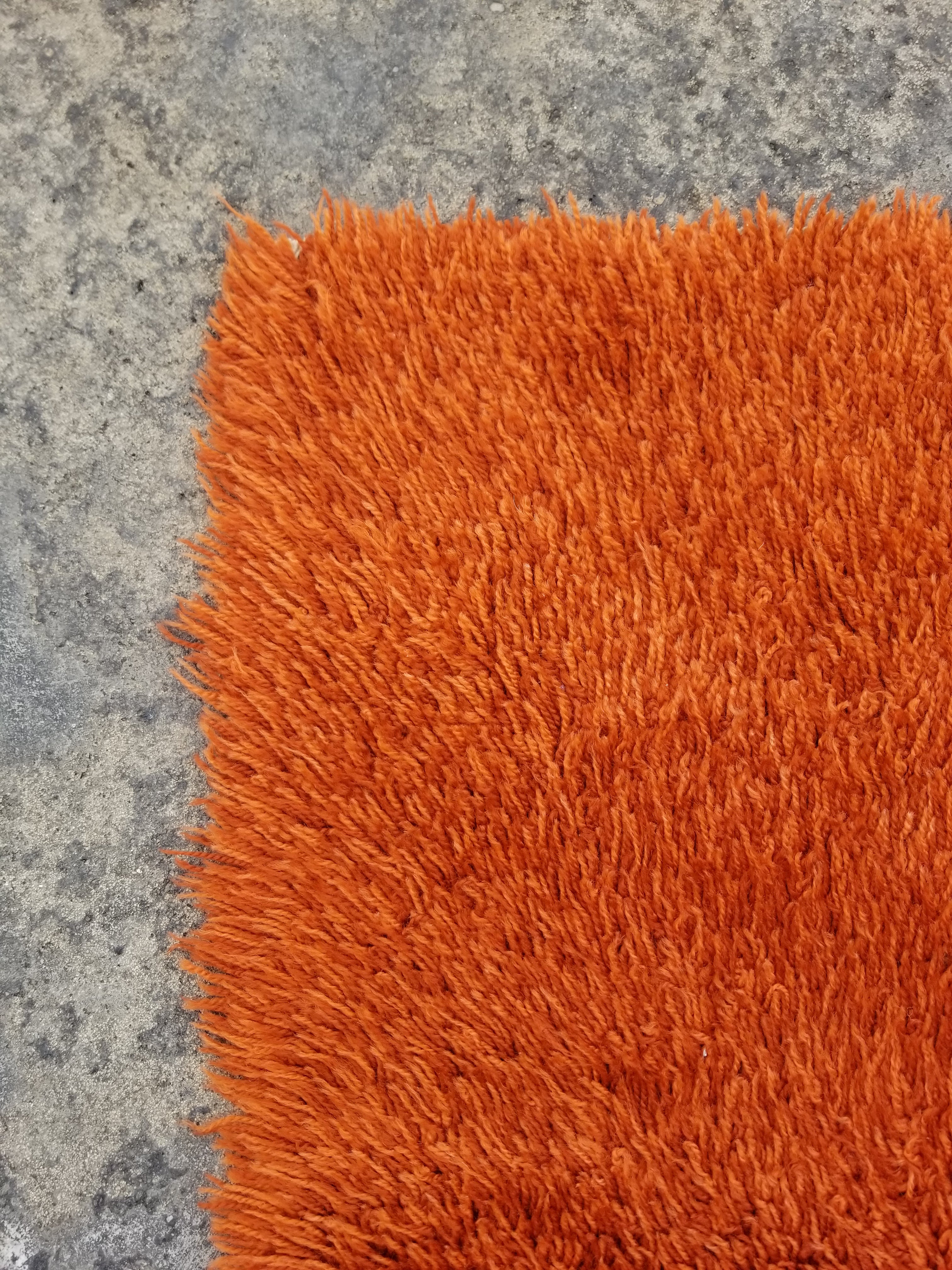 Vintage Traditional Handmade Swedish Wool Orange Rya Rug 112x76cm