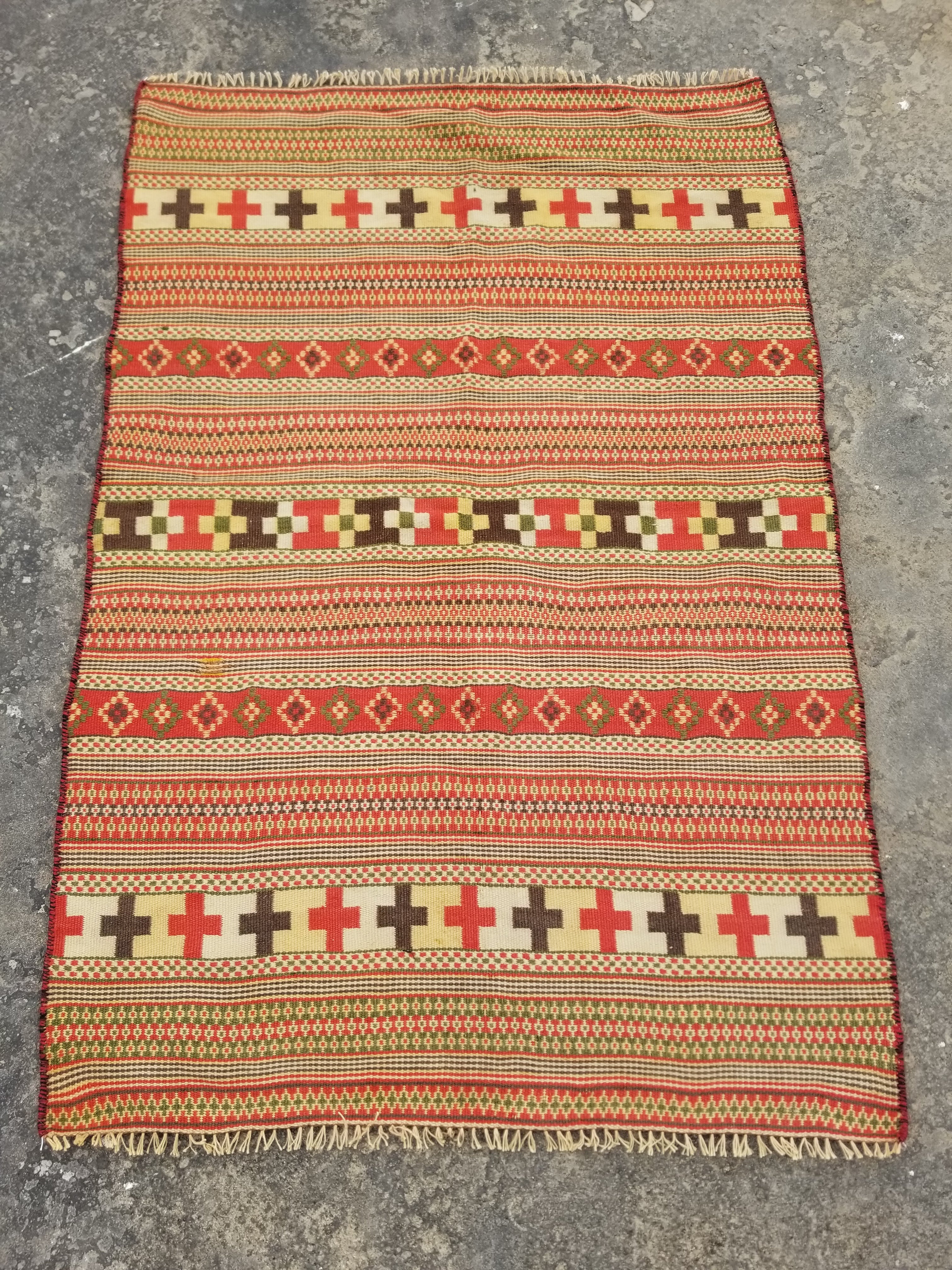Vintage Handmade Swedish Geometric Pattern Wool Multicolor Kilim 152x102cm