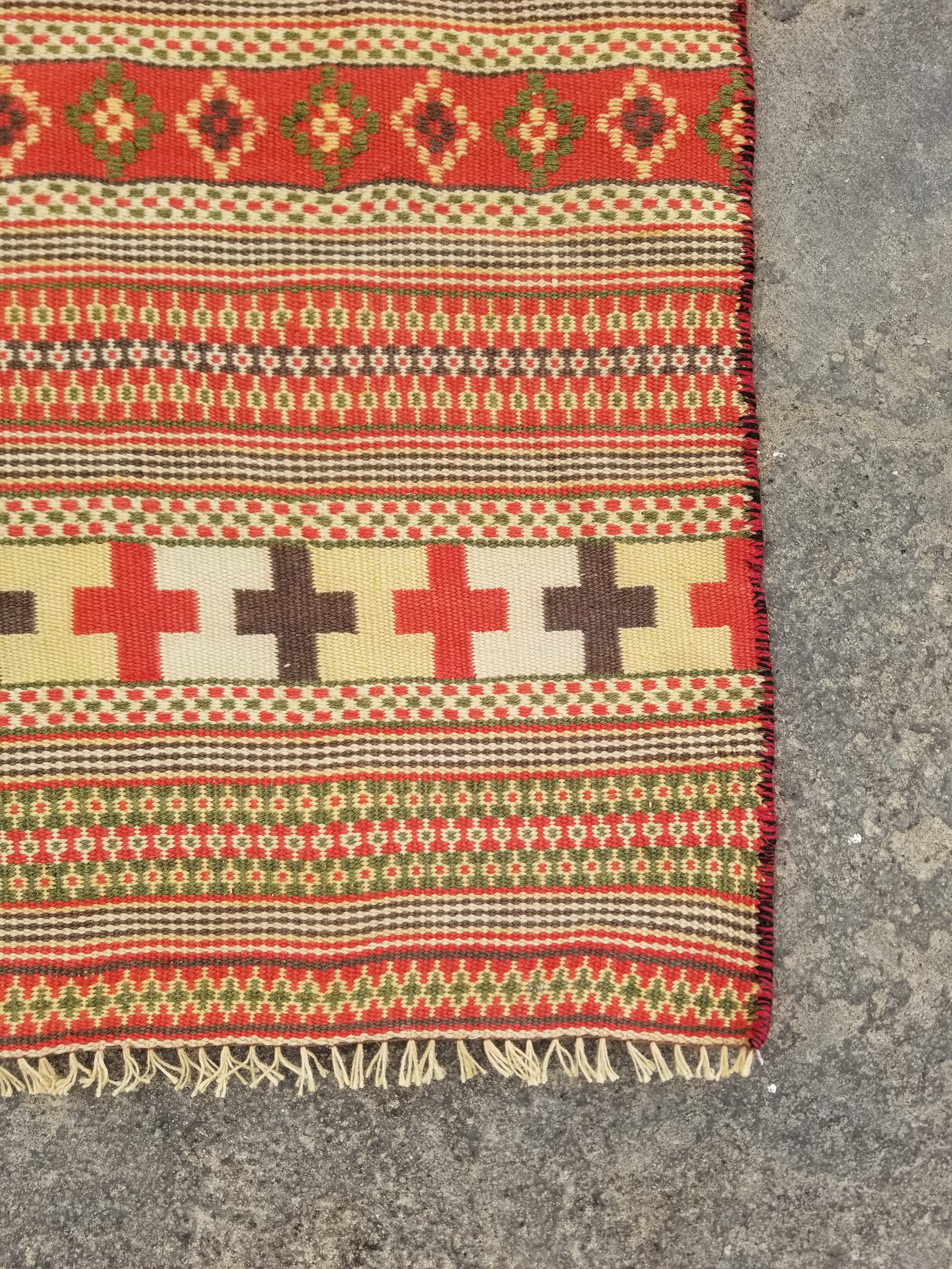 Vintage Handmade Swedish Geometric Pattern Wool Multicolor Kilim 152x102cm