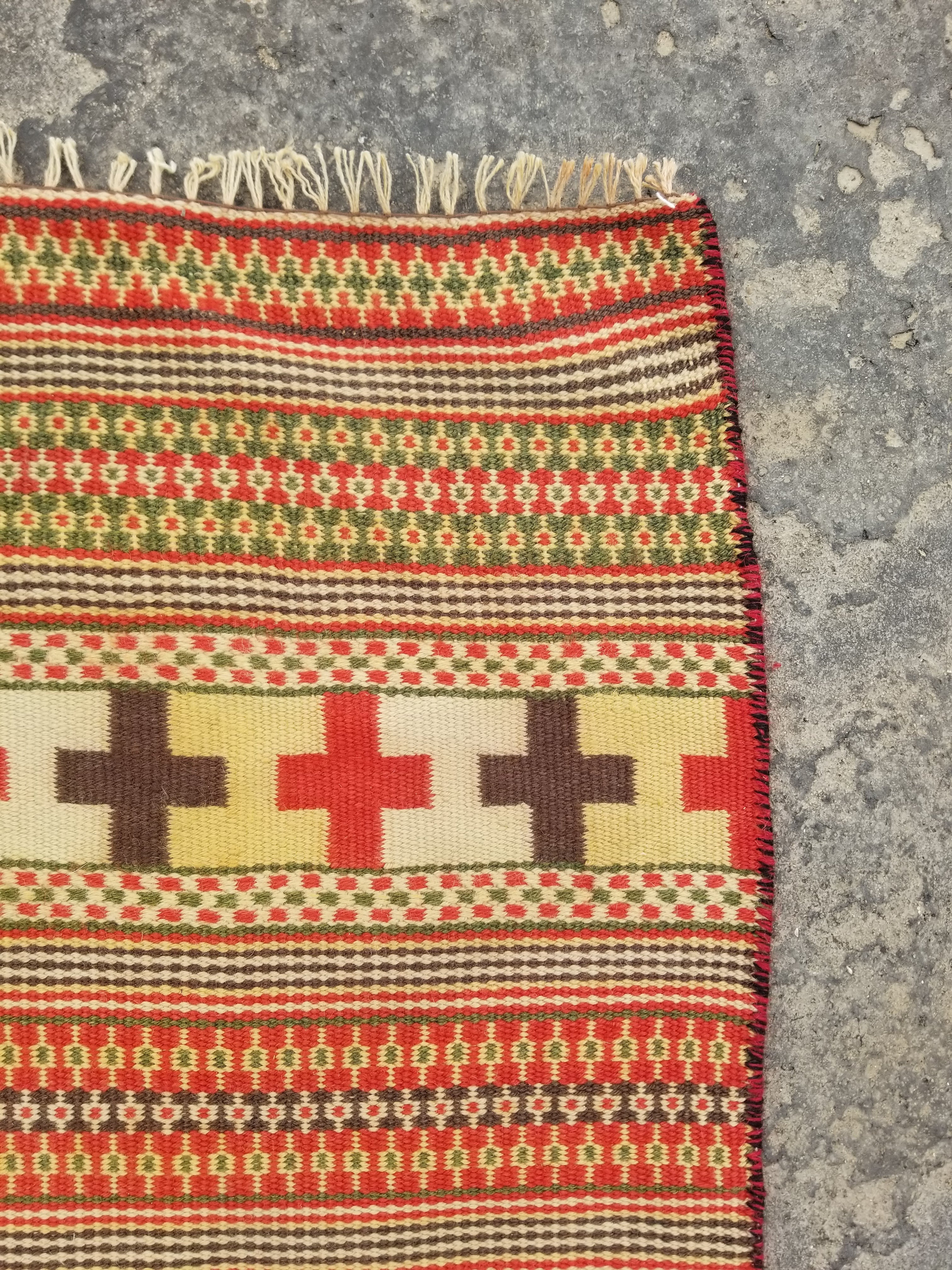 Vintage Handmade Swedish Geometric Pattern Wool Multicolor Kilim 152x102cm