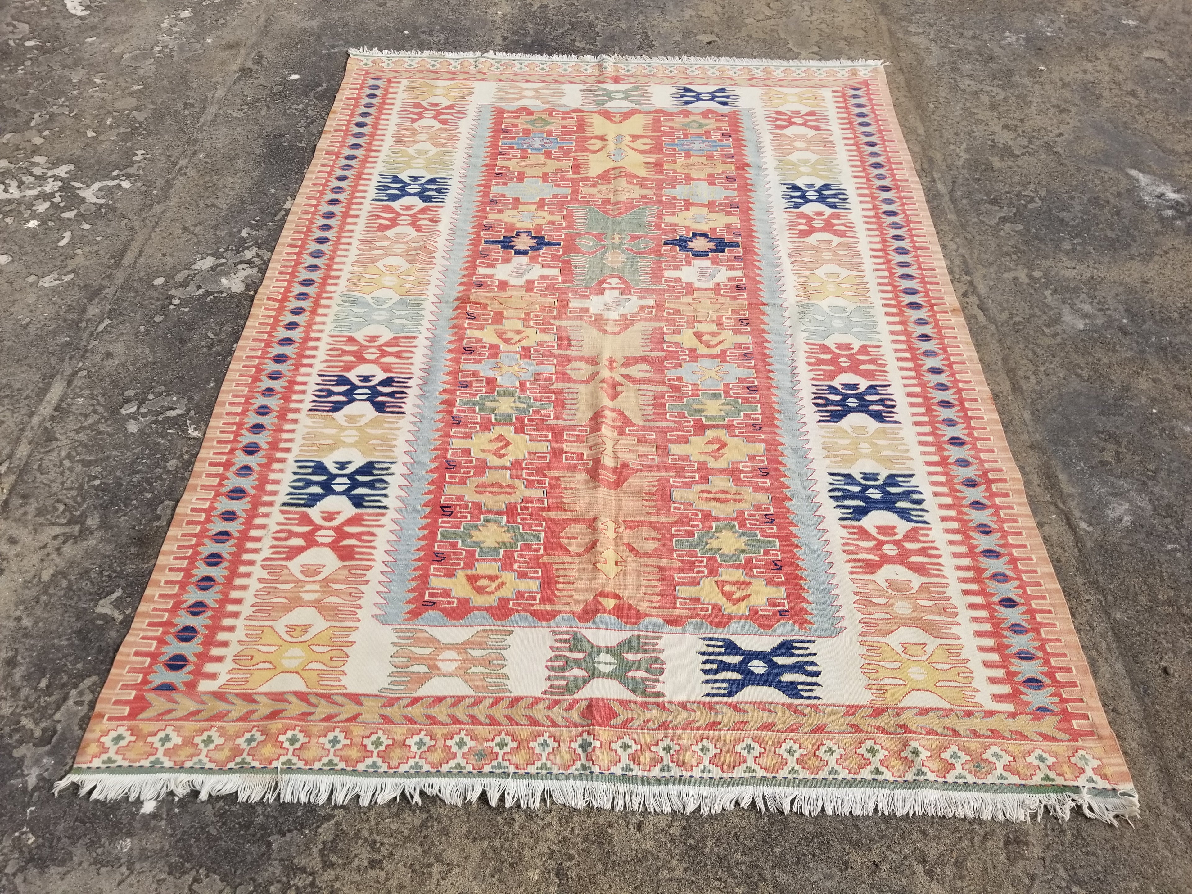 Vintage Traditional Handmade Turkish Anatolian Wool Multicolor Kilim 221x157cm