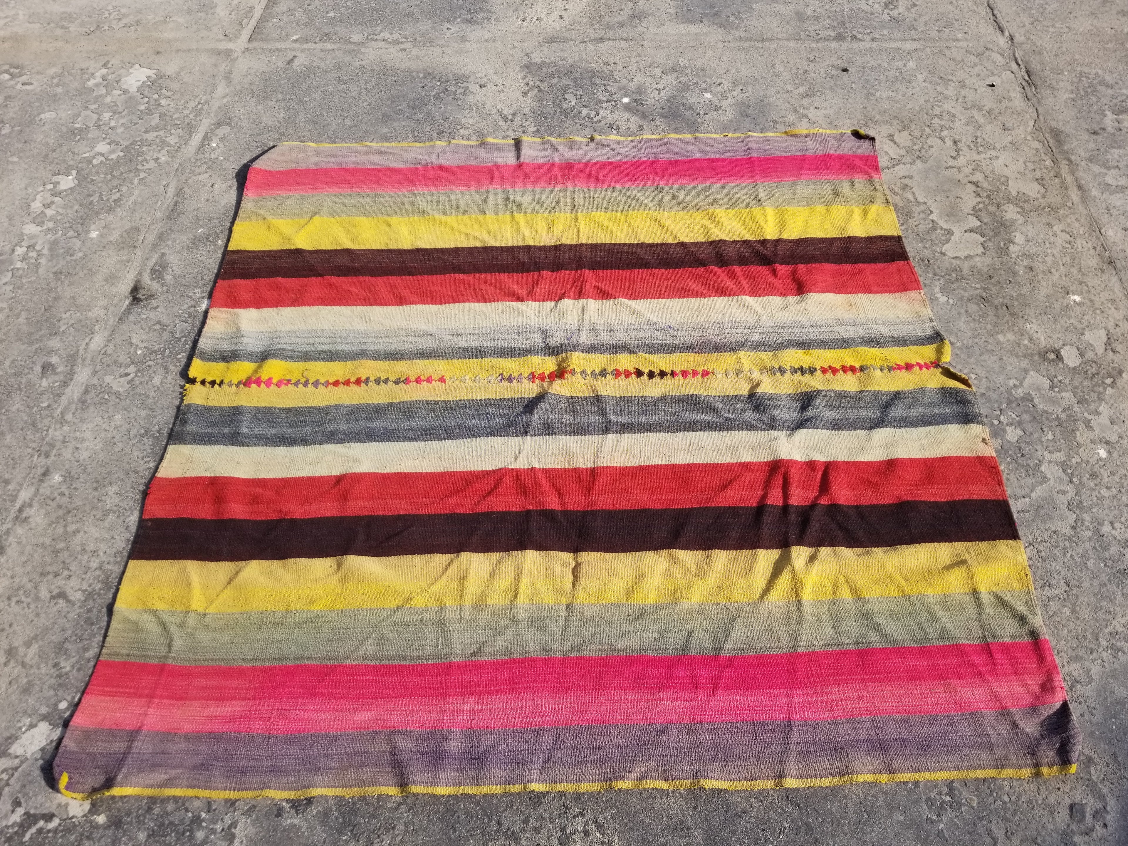 Vintage Traditional Handmade Turkish Striped Wool Multicolor Kilim 147x142cm