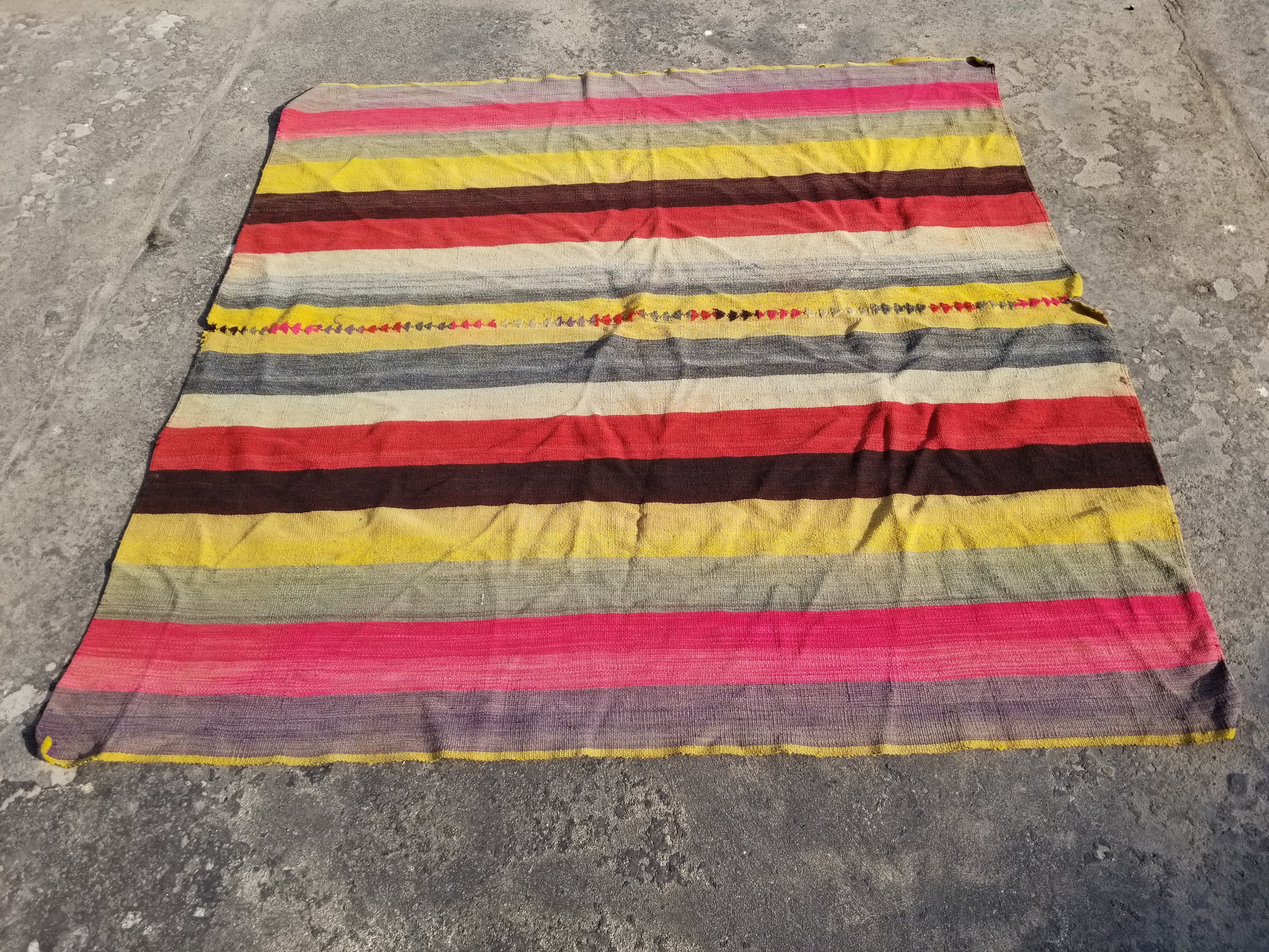Vintage Traditional Handmade Turkish Striped Wool Multicolor Kilim 147x142cm