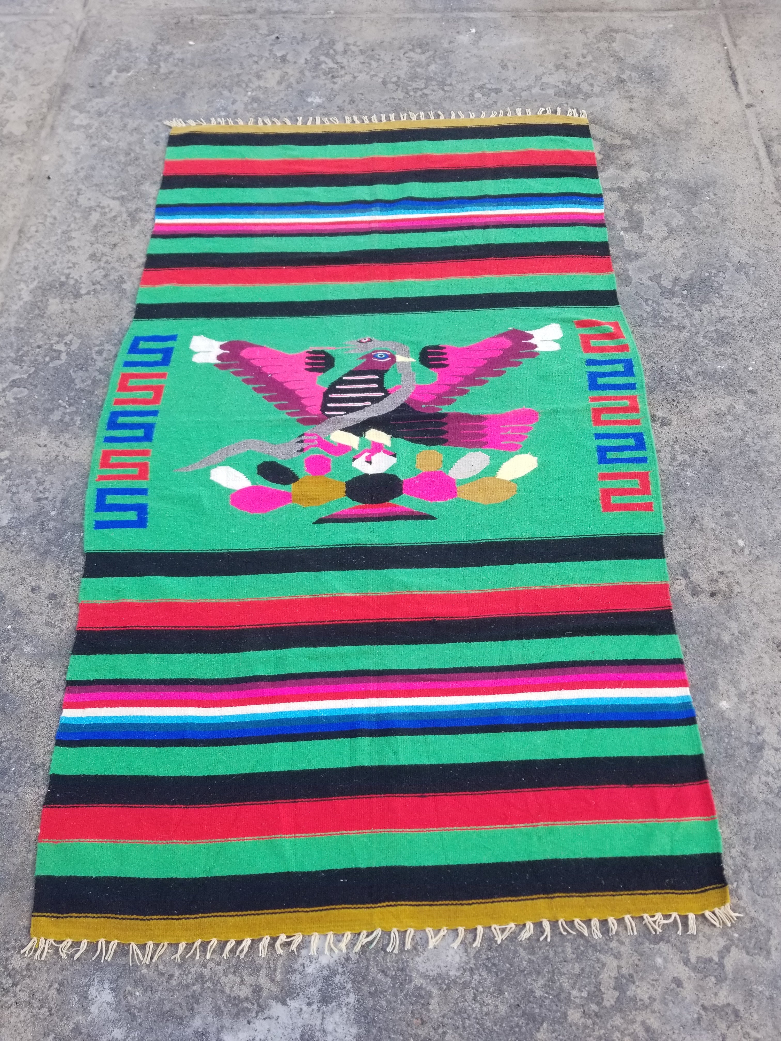 Vintage Handmade Mexican Eagle & Serpent Wool Multicolor Kilim 220x127cm
