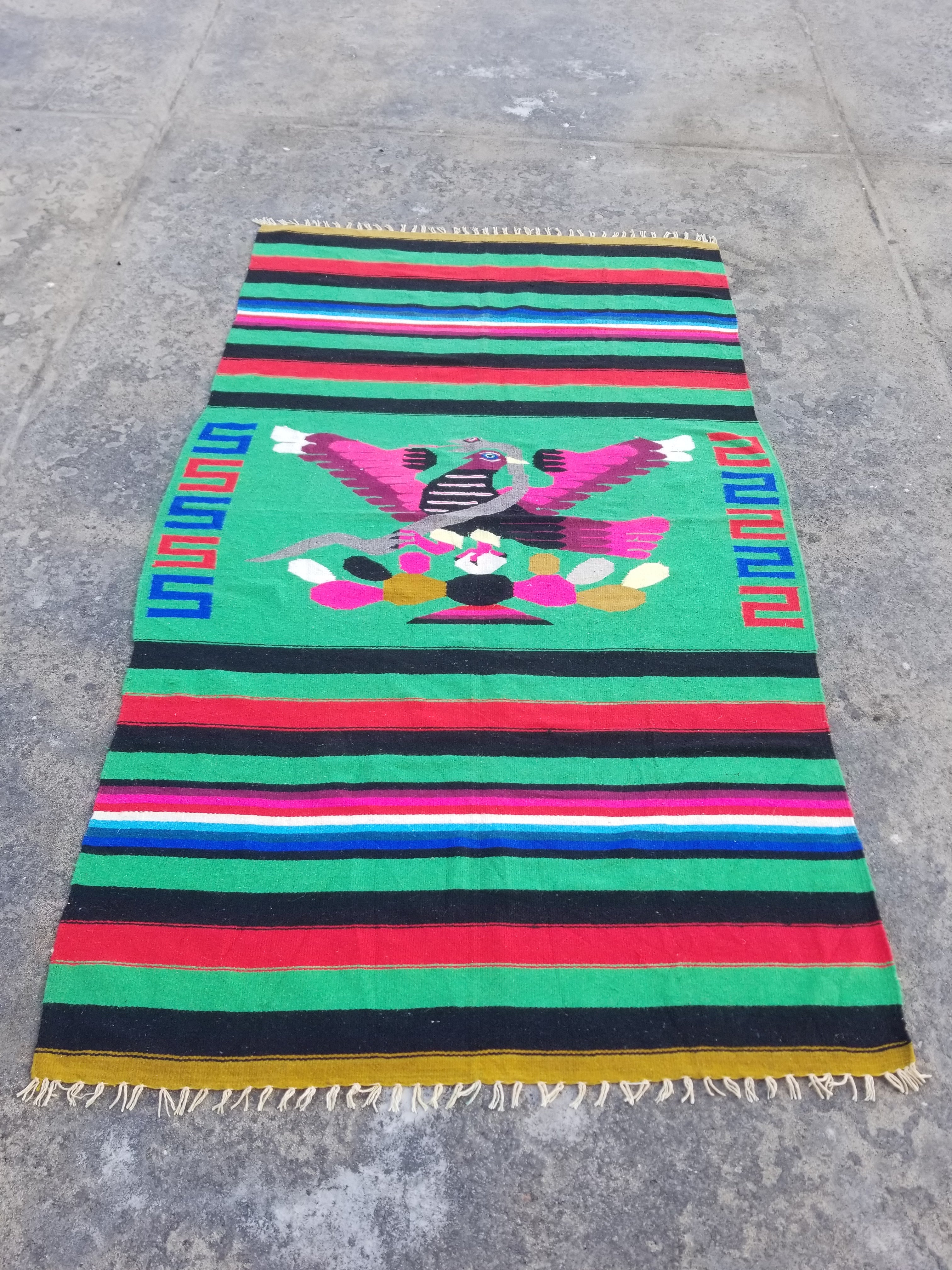 Vintage Handmade Mexican Eagle & Serpent Wool Multicolor Kilim 220x127cm