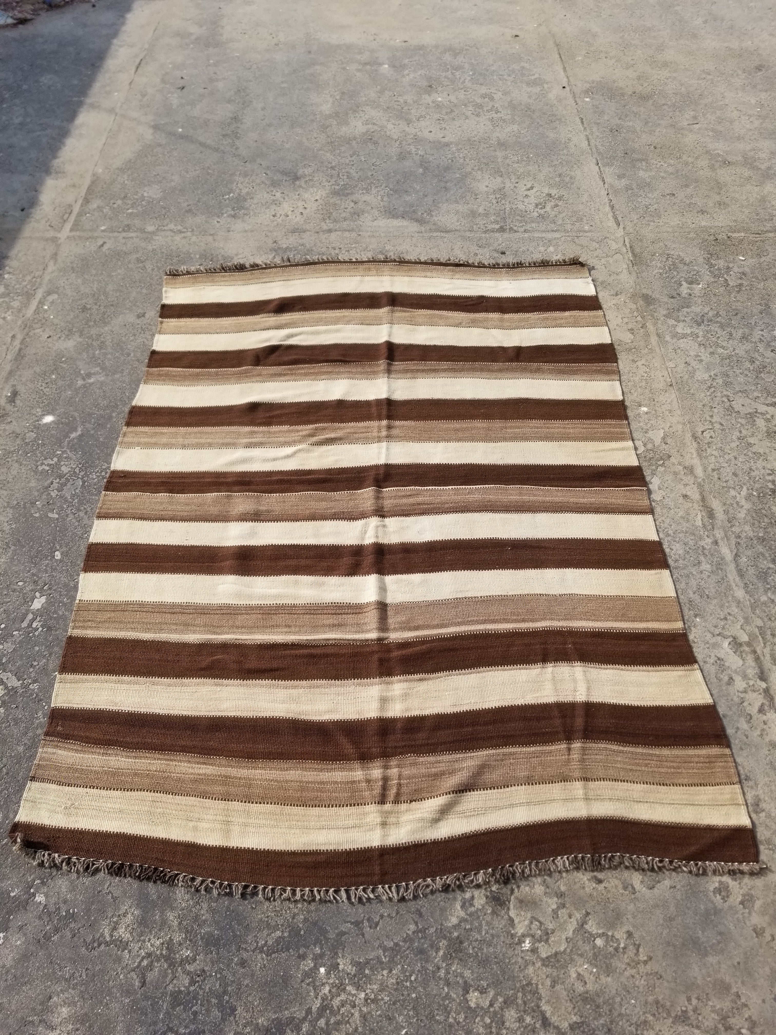 Vintage Traditional Handmade Turkish Striped Wool Brown Kilim 205x142cm