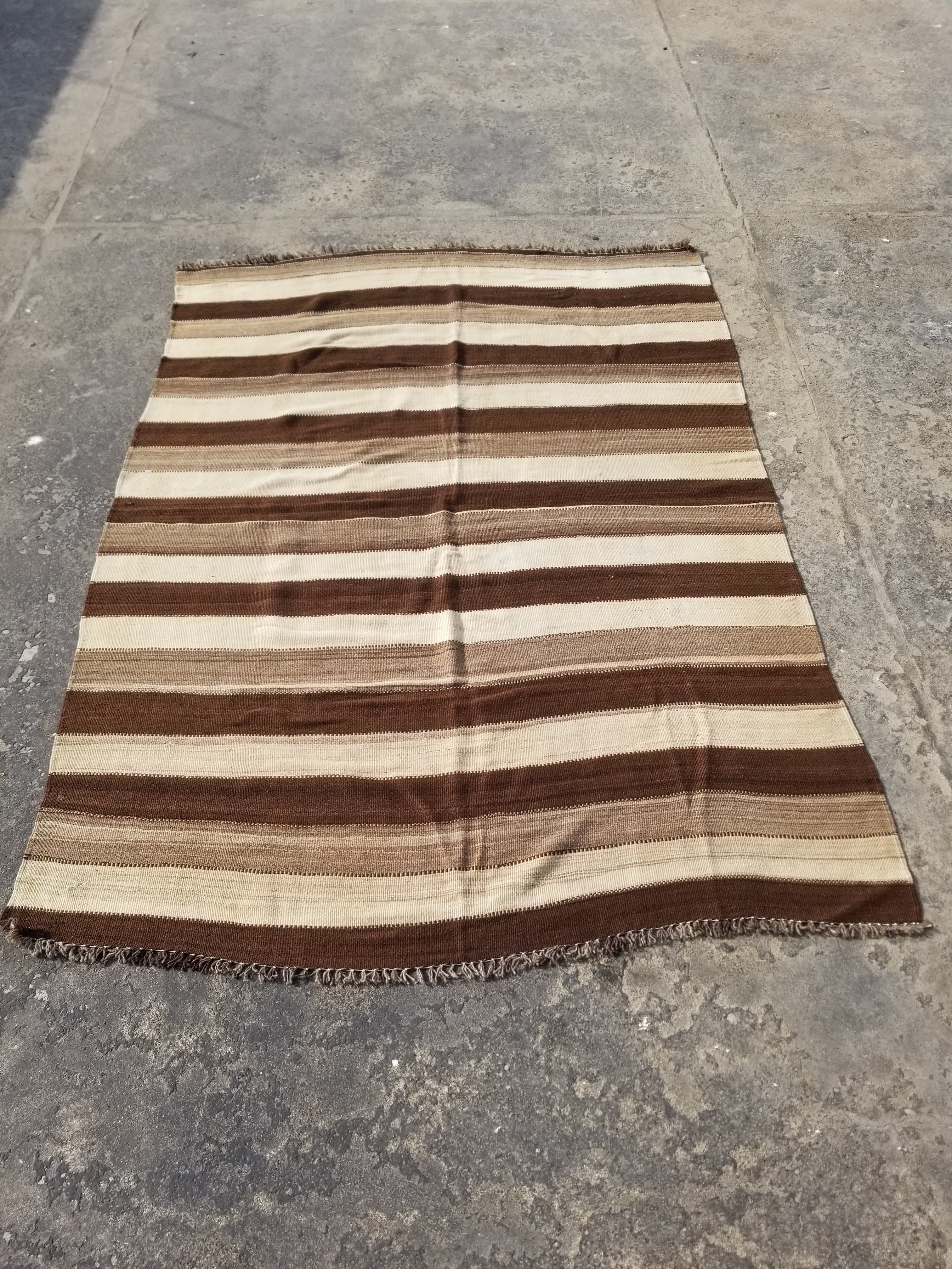 Vintage Traditional Handmade Turkish Striped Wool Brown Kilim 205x142cm