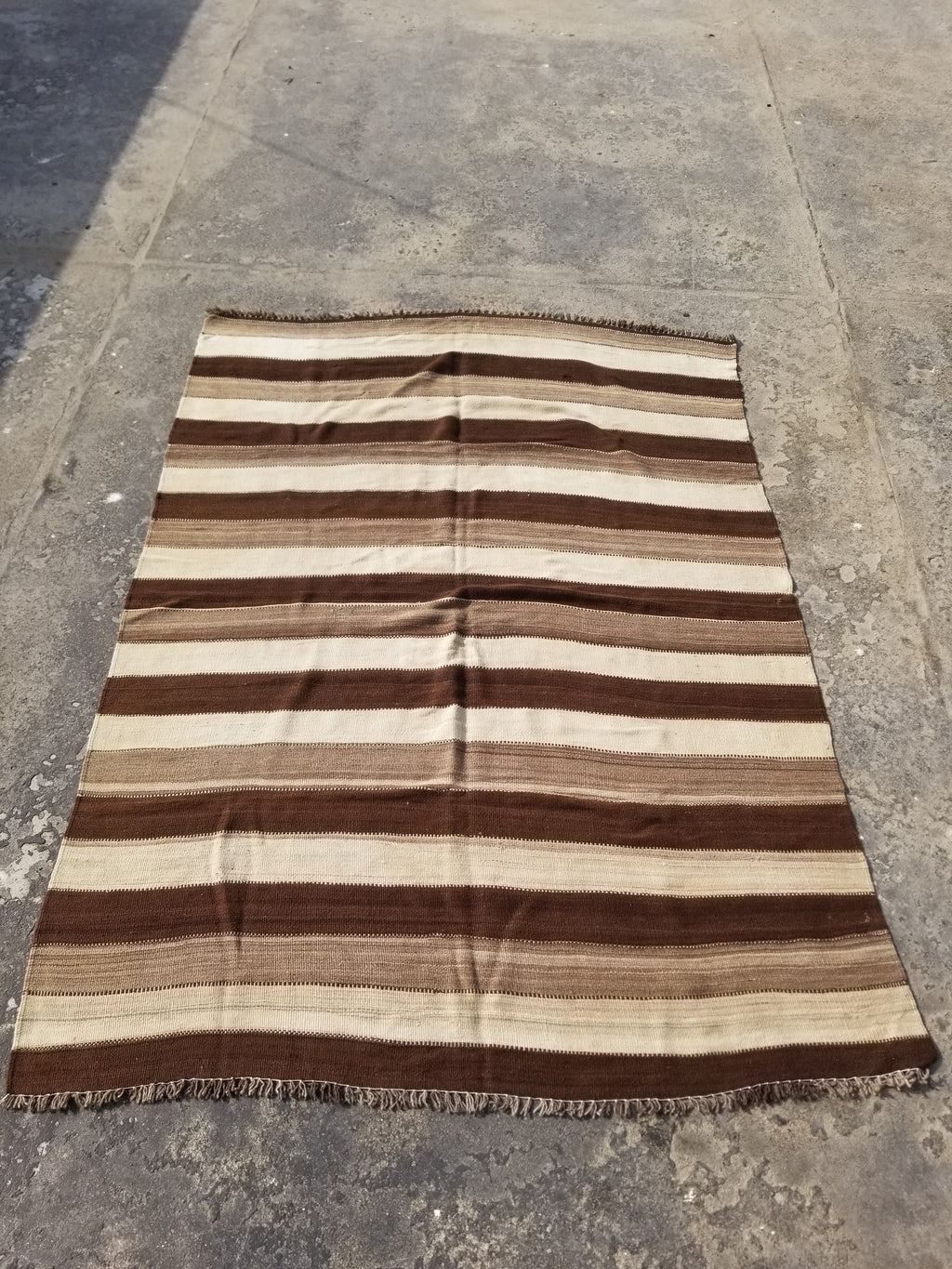 Vintage Traditional Handmade Turkish Striped Wool Brown Kilim 205x142cm