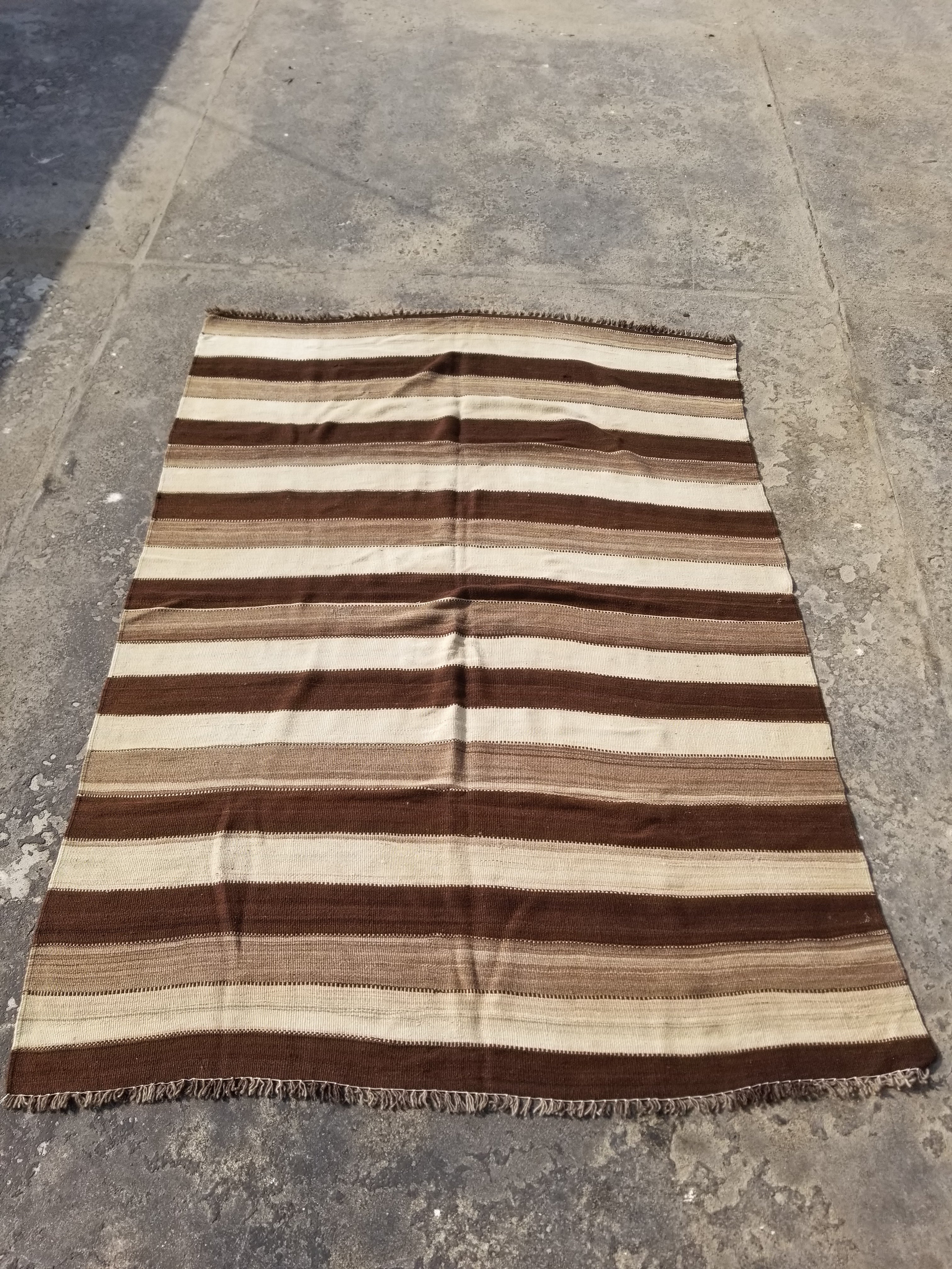 Vintage Traditional Handmade Turkish Striped Wool Brown Kilim 205x142cm