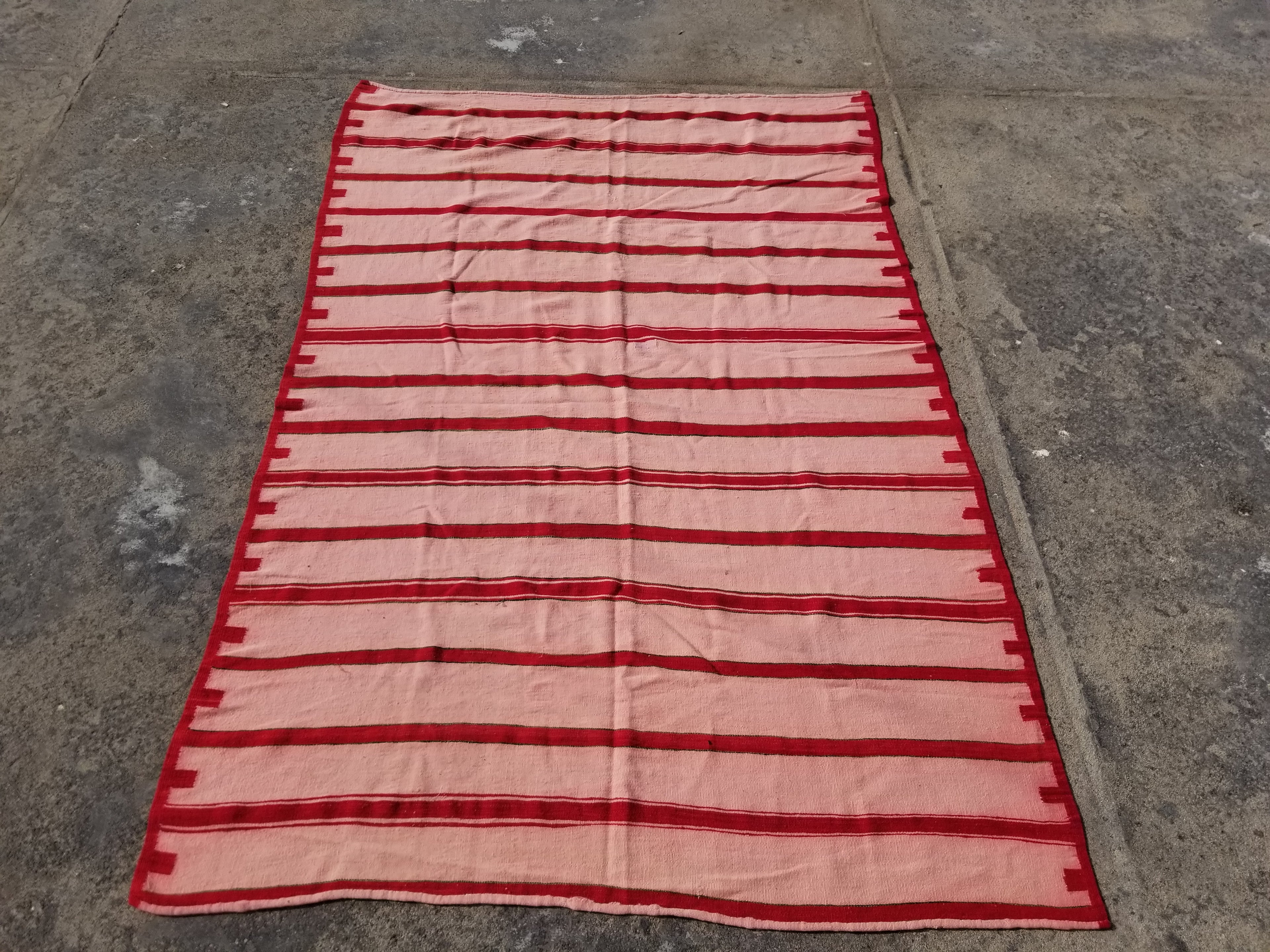 Vintage Traditional Handmade Oriental Red Striped Wool Kilim 210x137cm