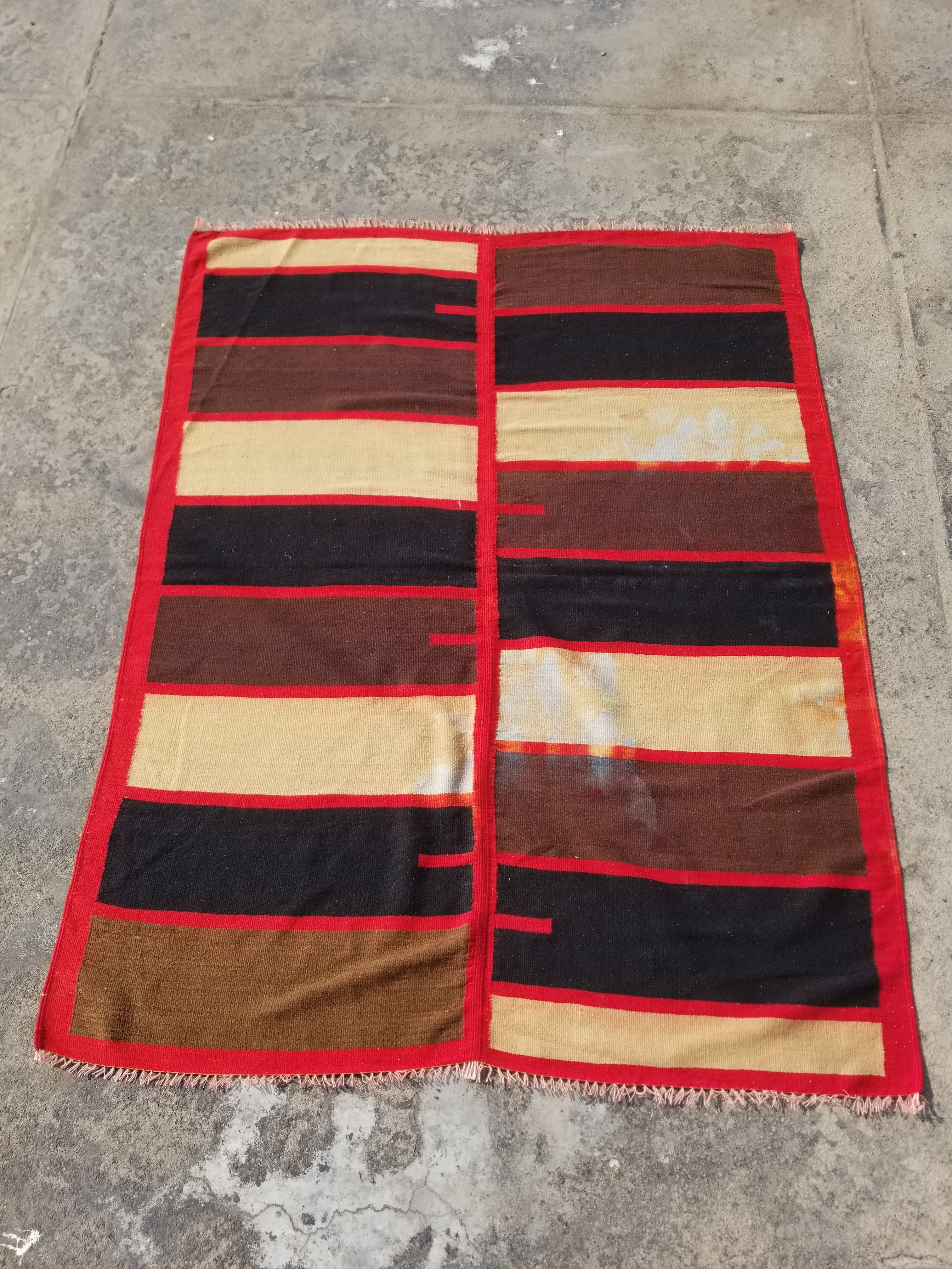Distressed Vintage Traditional Handmade Geometric Wool Multicolor Kilim 193x149c