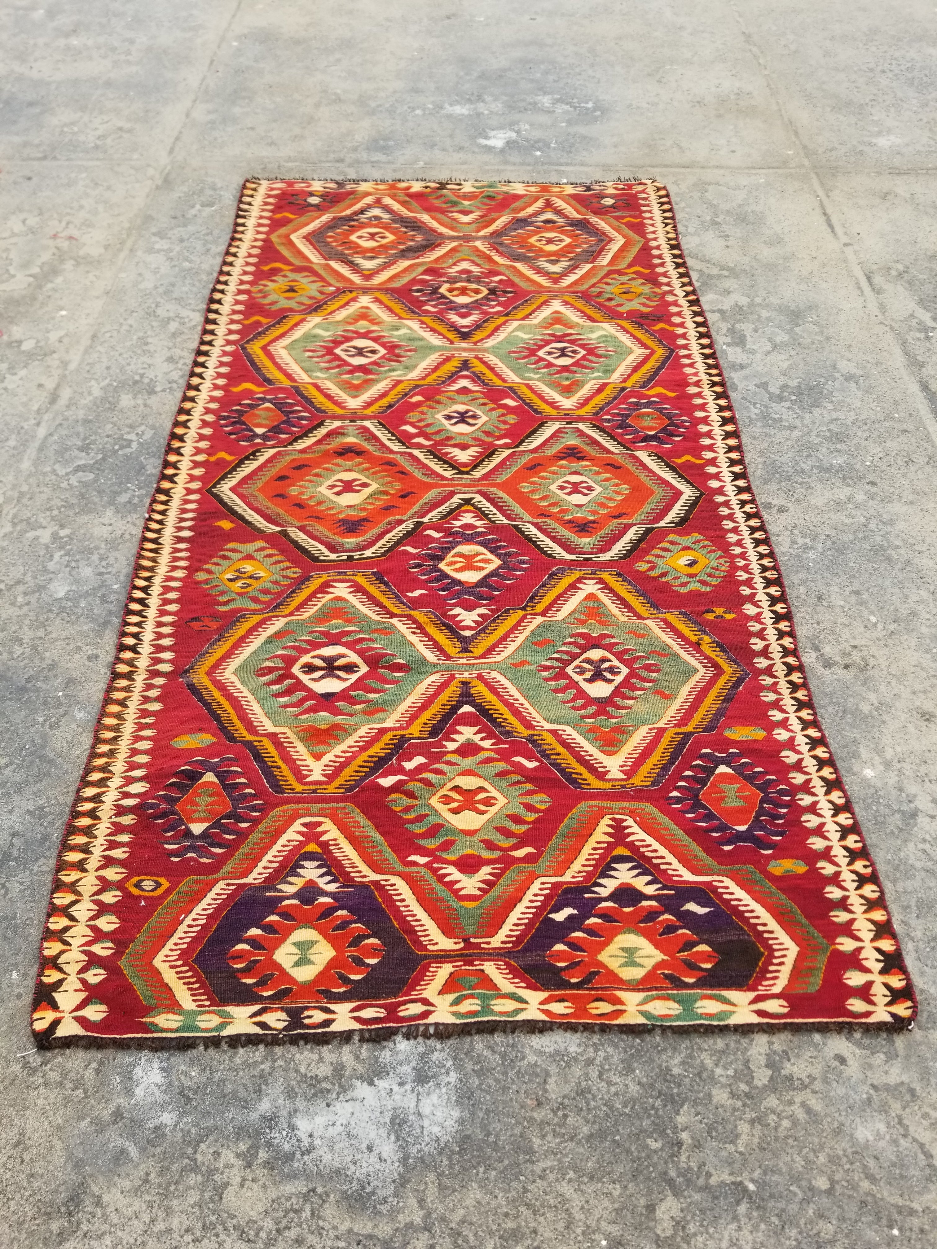 Antique Traditional Handmade Turkish Anatolian Wool Multicolor Kilim 266x134cm