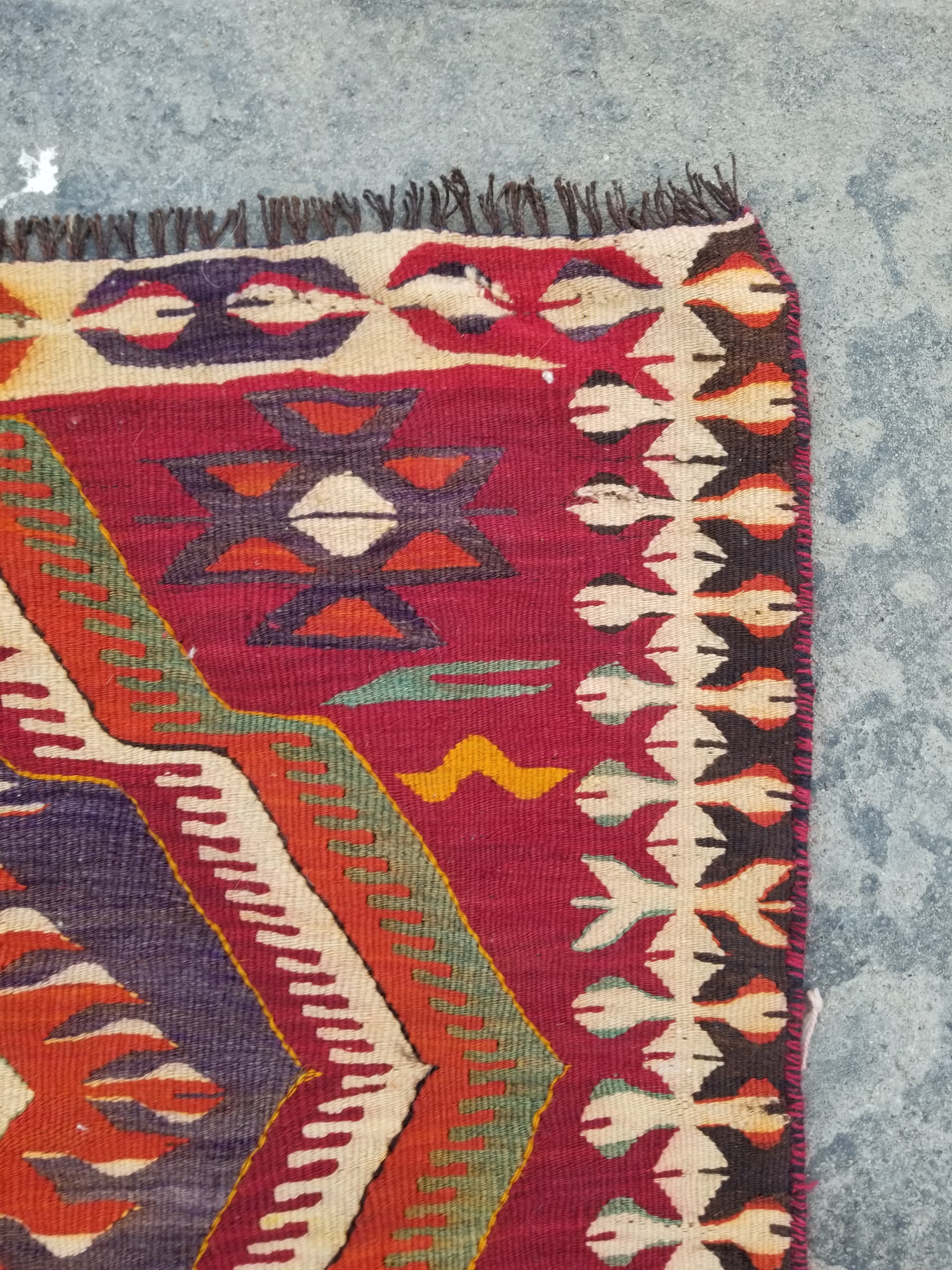 Antique Traditional Handmade Turkish Anatolian Wool Multicolor Kilim 266x134cm