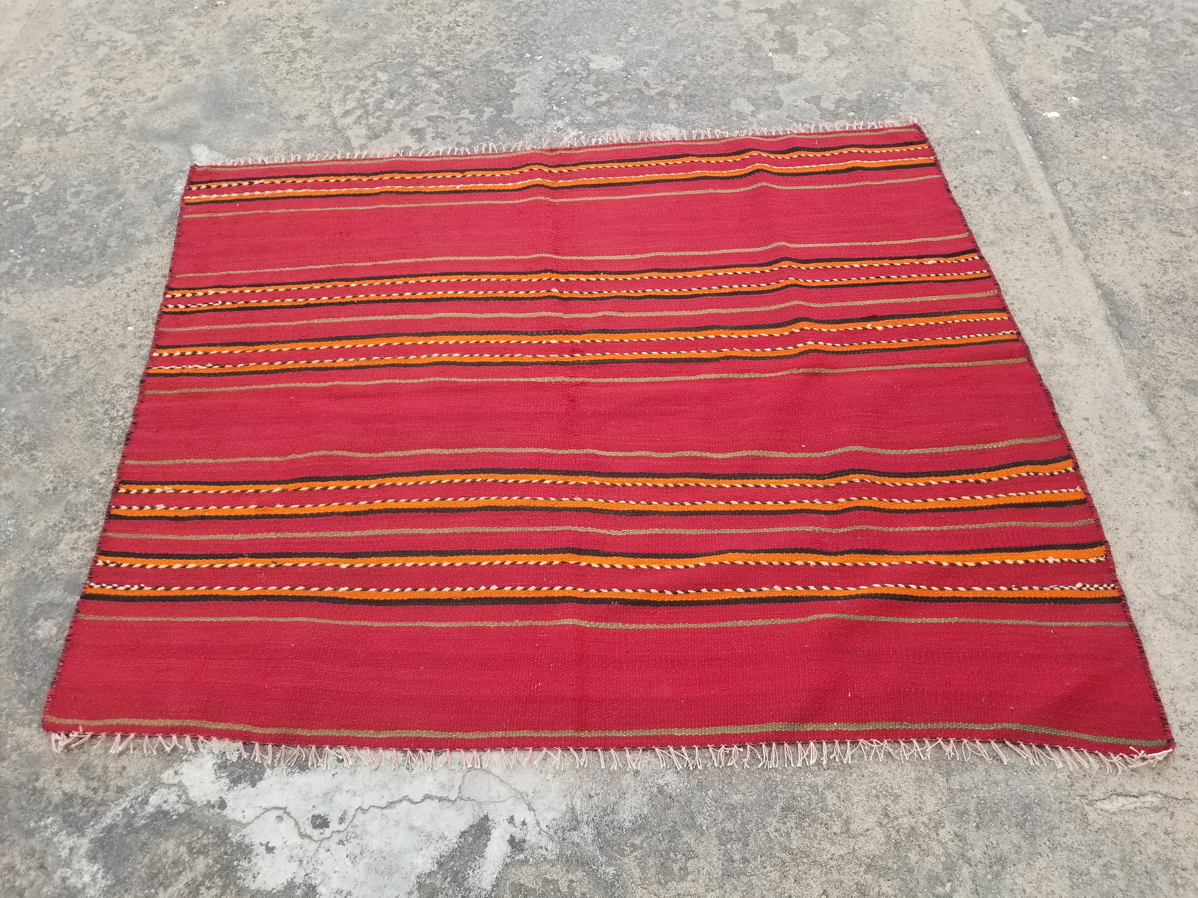 Vintage Traditional Handmade Afghani Striped Wool Multicolor Kilim 142x11cm