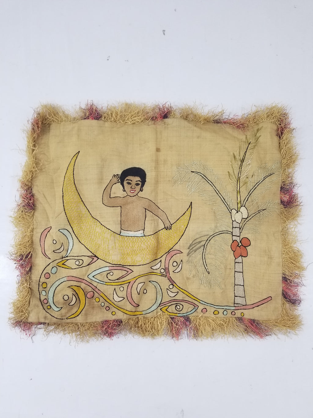Vintage Egyptian Embroidered Palm Tree Crescent Moon Wall Hanging  62x49cm