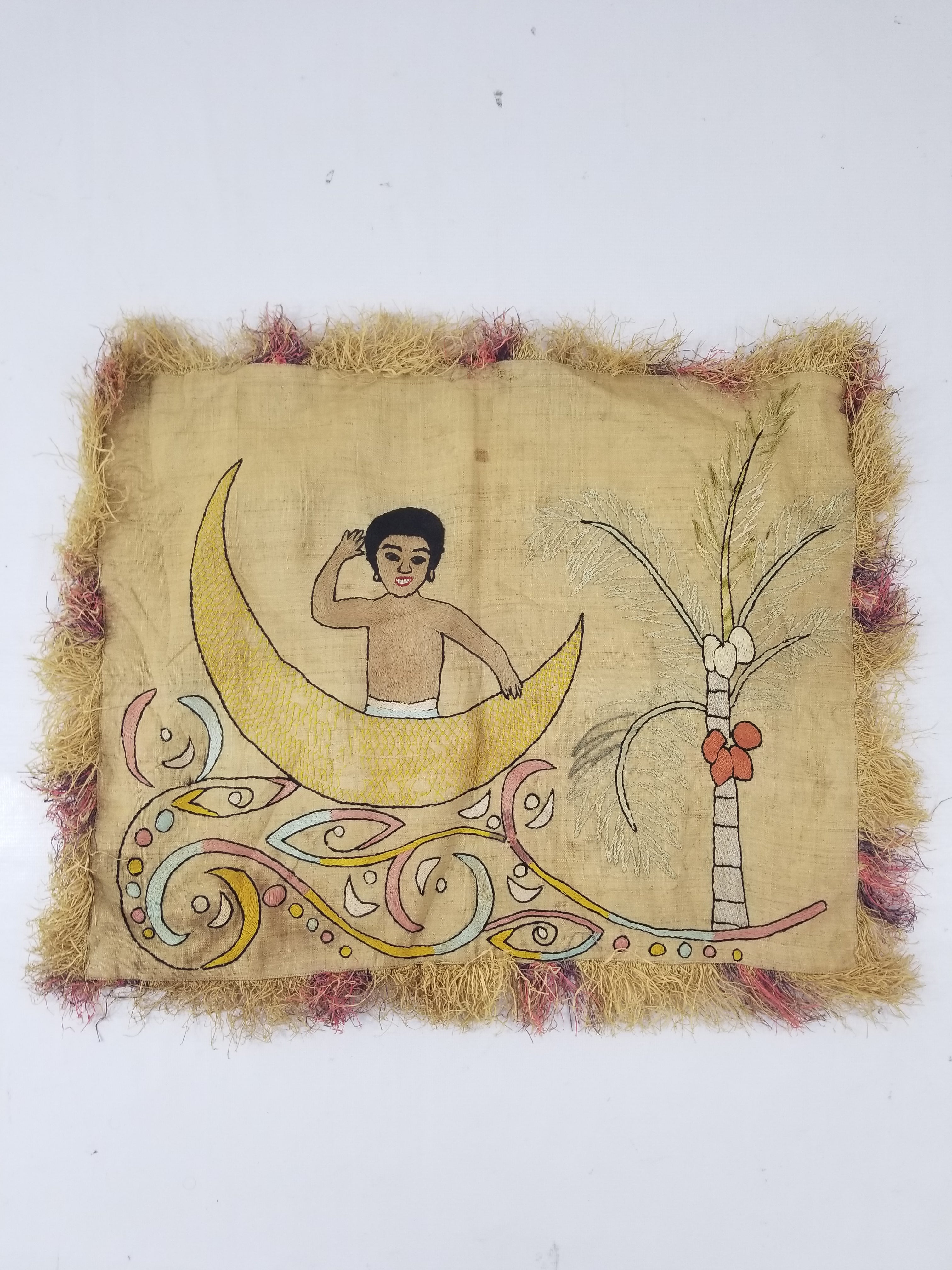 Vintage Egyptian Embroidered Palm Tree Crescent Moon Wall Hanging  62x49cm