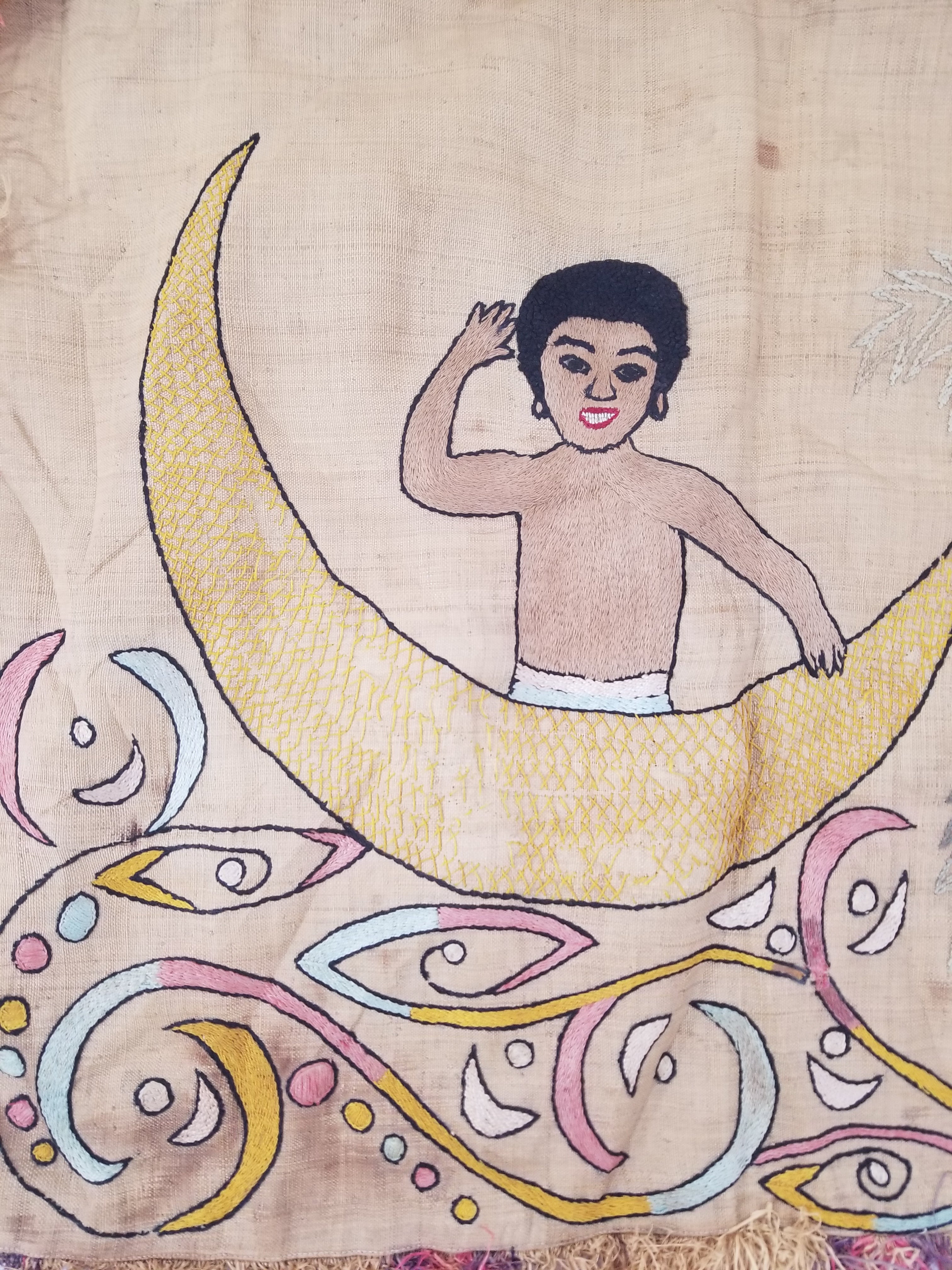 Vintage Egyptian Embroidered Palm Tree Crescent Moon Wall Hanging  62x49cm